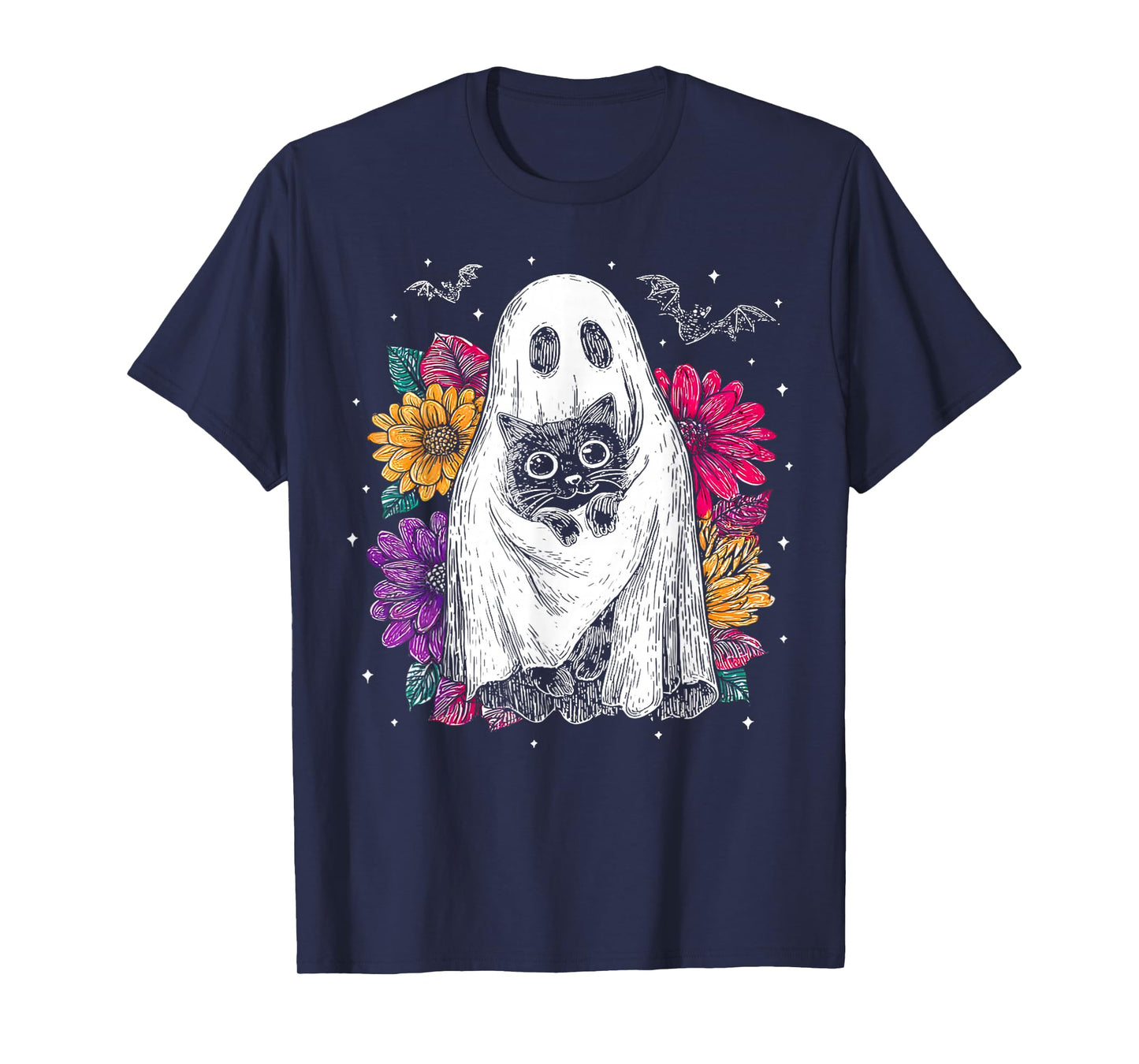 Spooky Ghost Holding Black Cat Groovy Floral Halloween Goth T-Shirt