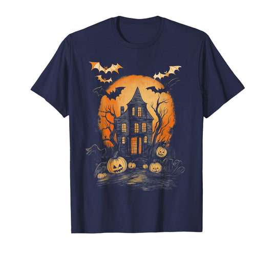Vintage Spooky Halloween Hunted House Night Casual Graphic T-Shirt