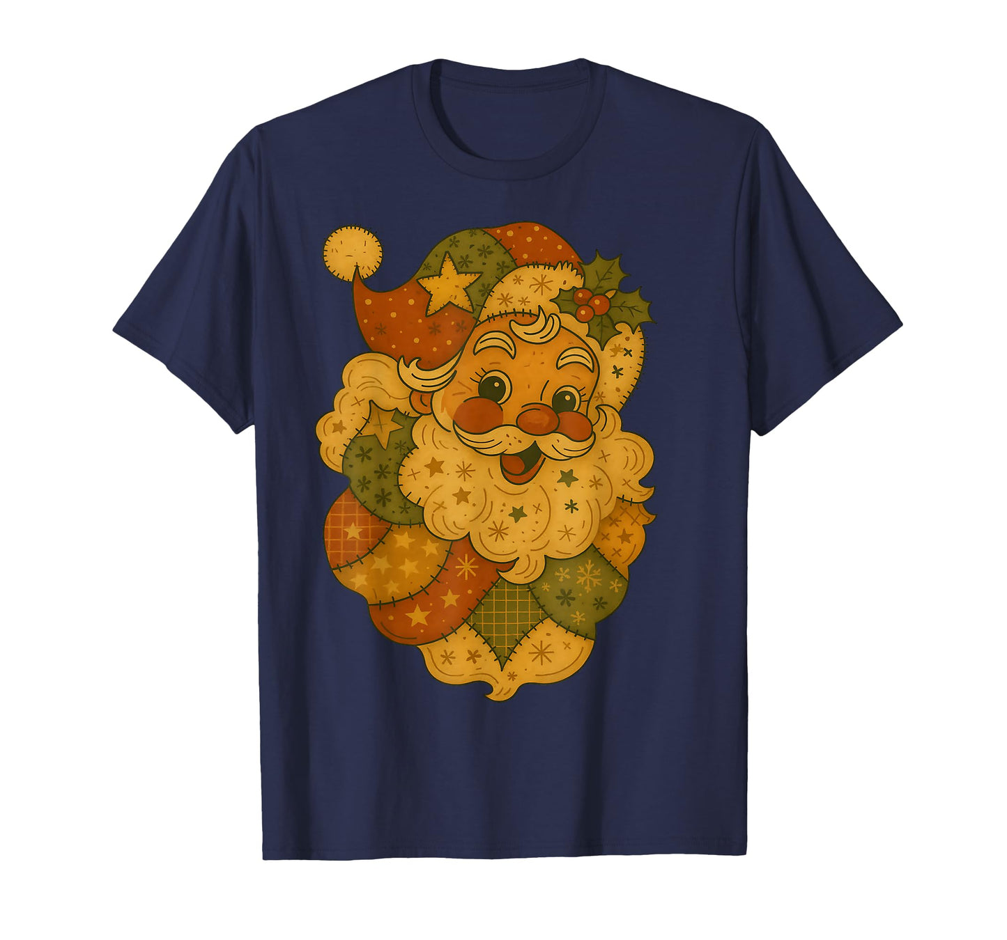 Patchwork Santa Claus Face Vintage Christmas Folk Art T-Shirt