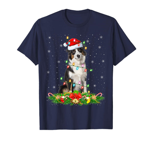 Australian Shepherd Dog Christmas Lights Santa Hat Xmas T-Shirt