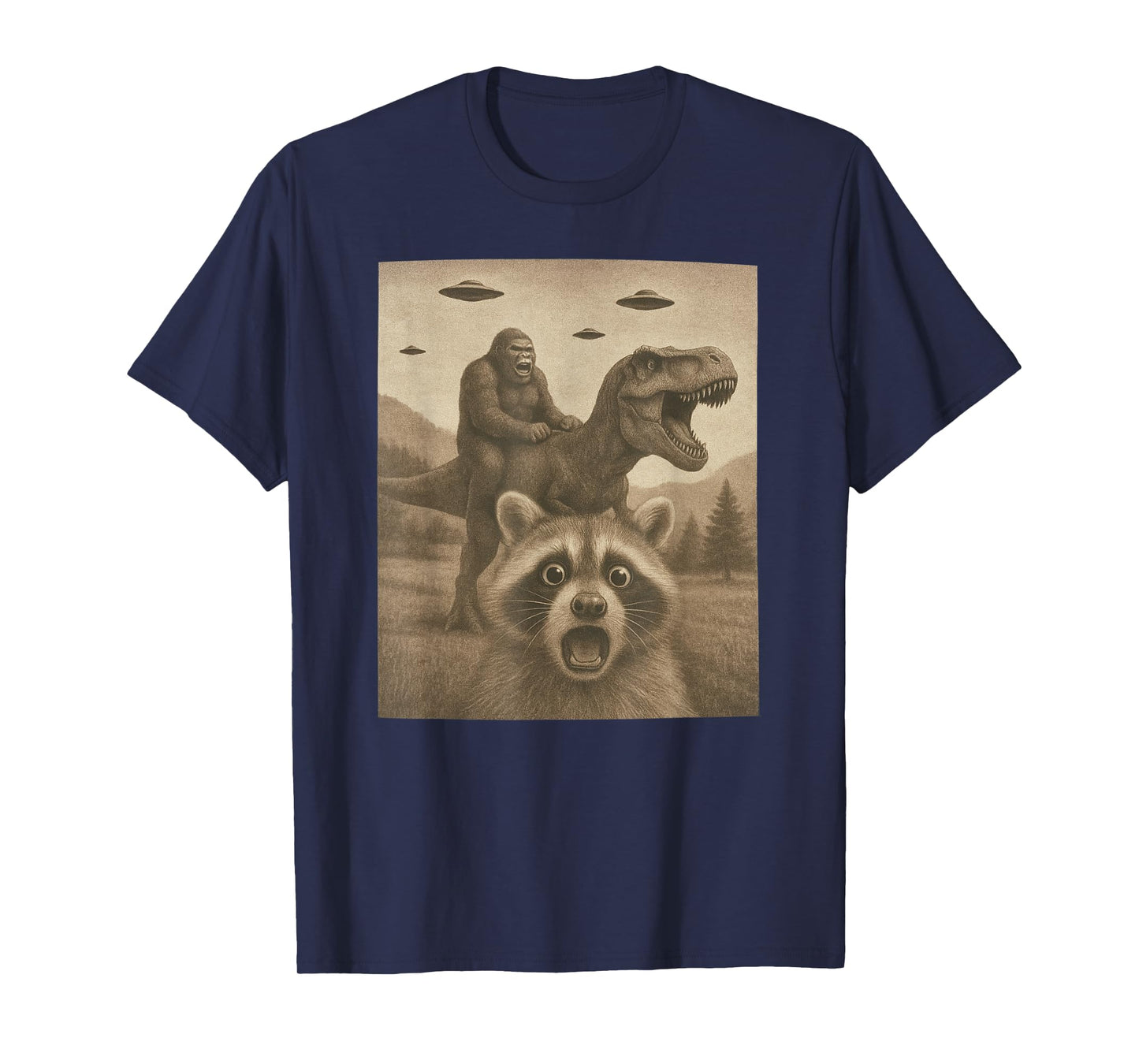 Funny Racoon Selfie Bigfoot Riding T rex UFO Bigfoot T-Shirt