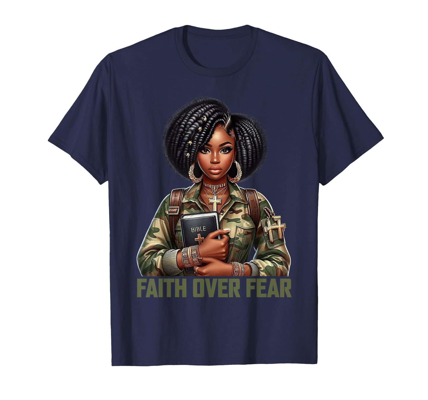 Faith Over Fear Christian Camo African American Afro Women T-Shirt