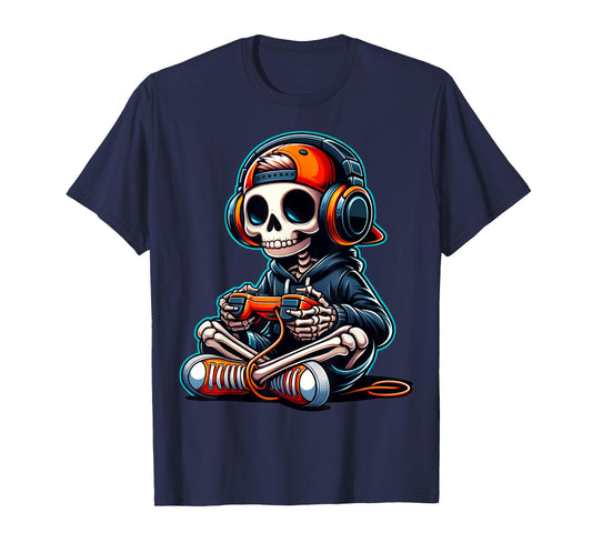 Funny Skeleton Playing Video Game Halloween Shirt Boys Gamer T-Shirt