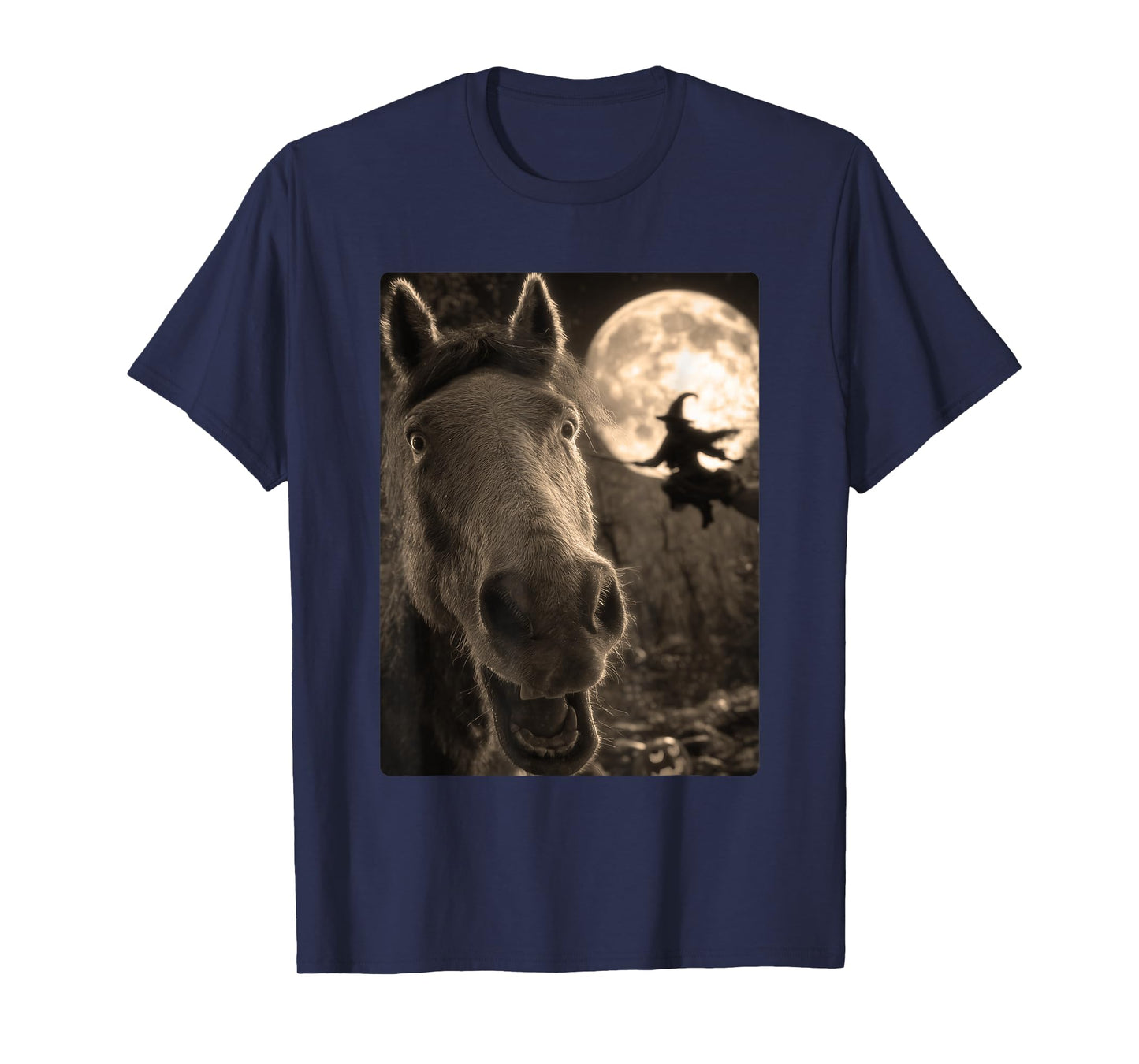 Funny Horse Selfie Full Moon Flying Witch Forest Halloween T-Shirt