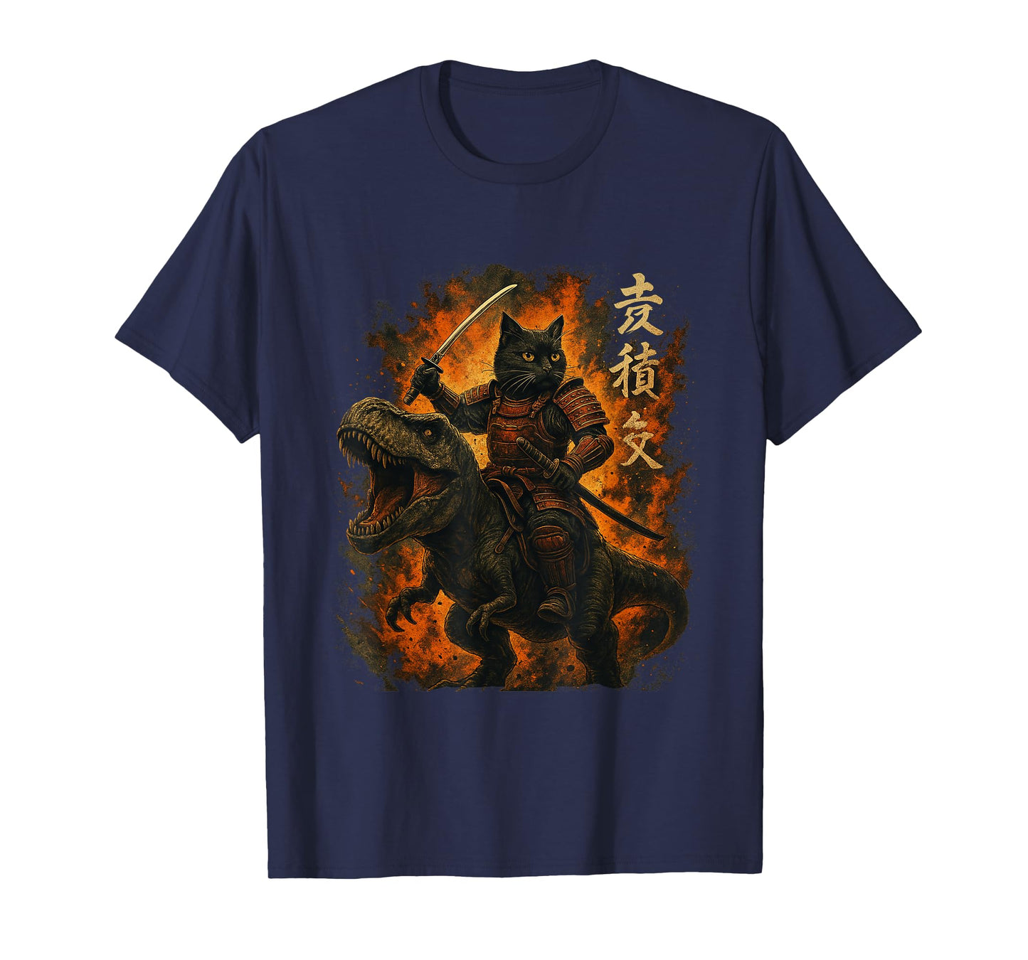 Samurai Cat Riding Dinosaur Japanese Black Cat Kanji T-Shirt