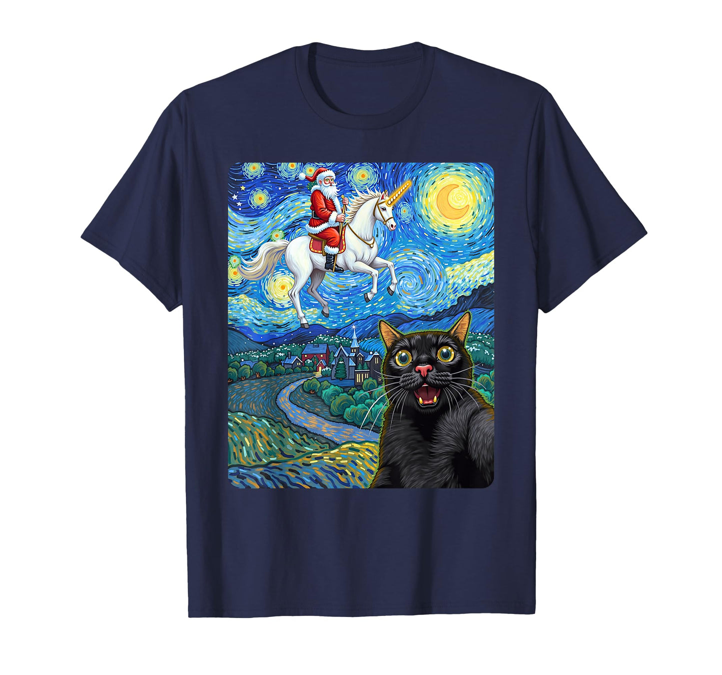 Black Cat Selfie with Santa Unicorn Starry Night Oil Paint T-Shirt