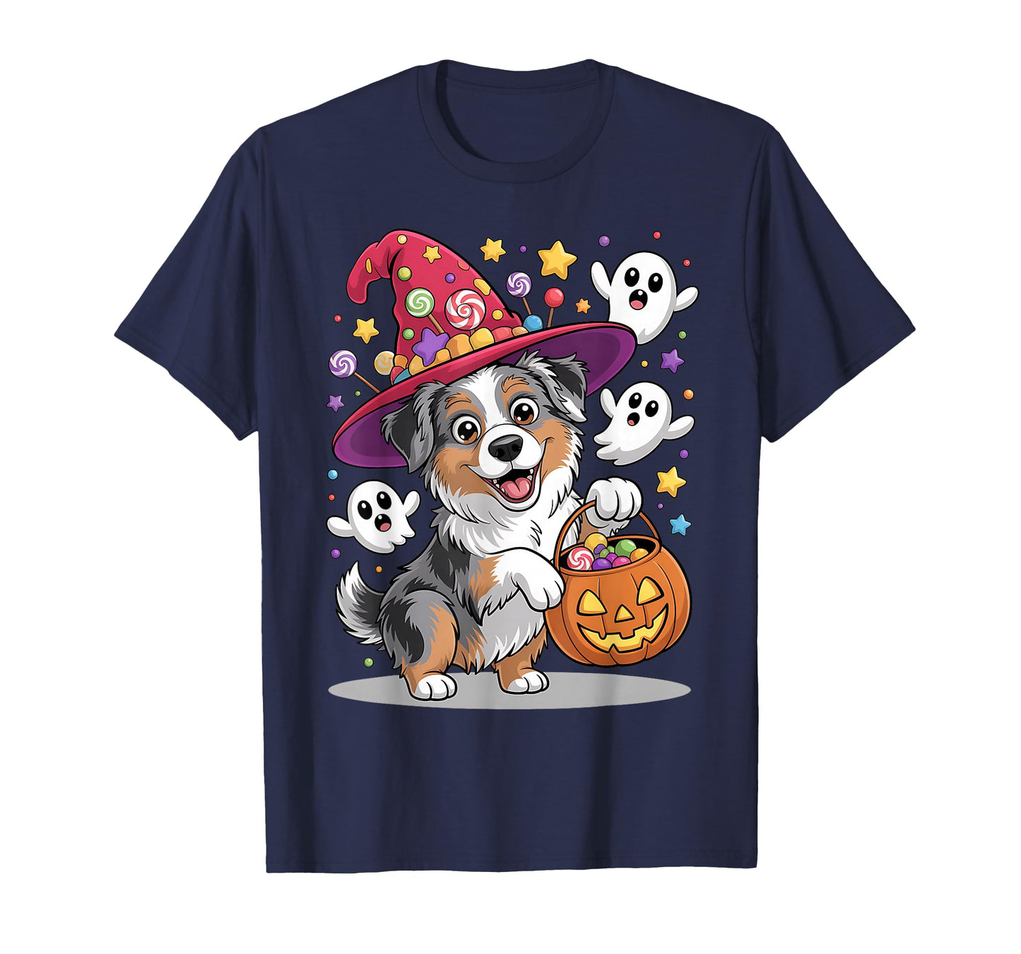 Australian Shepherd Dog Pumpkin Ghost Candy Witch Halloween T-Shirt