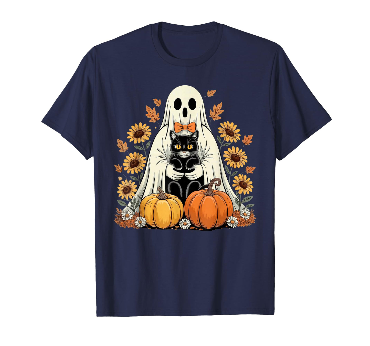 Womens Halloween Ghost Black Cat Ghost Halloween Girls T-Shirt