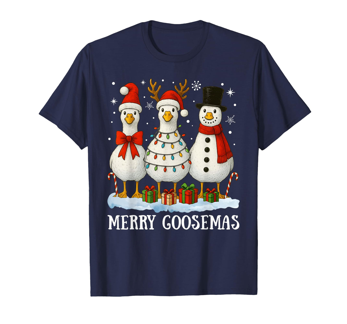Funny Just A Merry Goosmas Santa Snowman Reindeer Goose T-Shirt