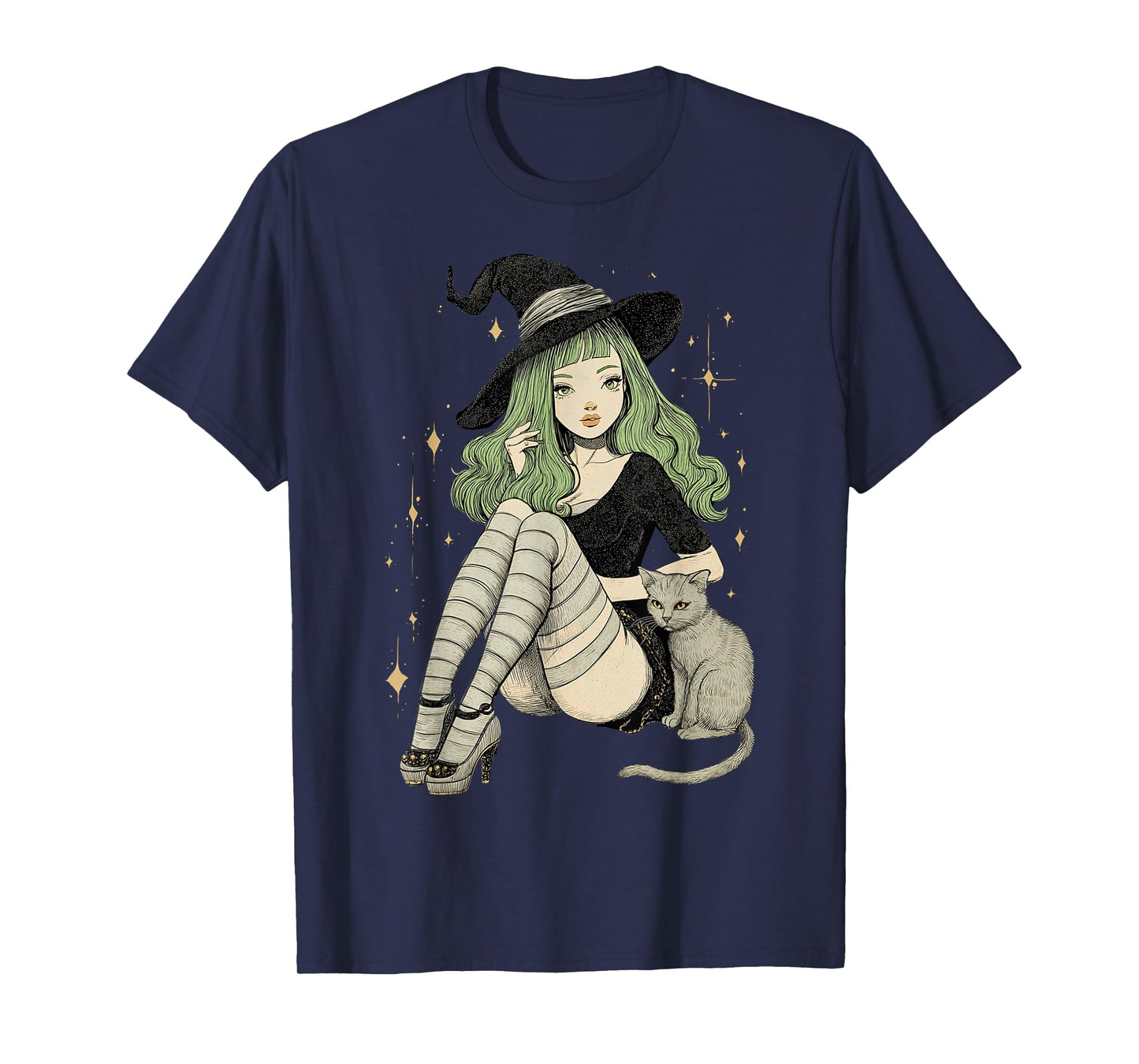 Sexy Witch Green Hair Black White Stripes Halloween Cat Mom T-Shirt