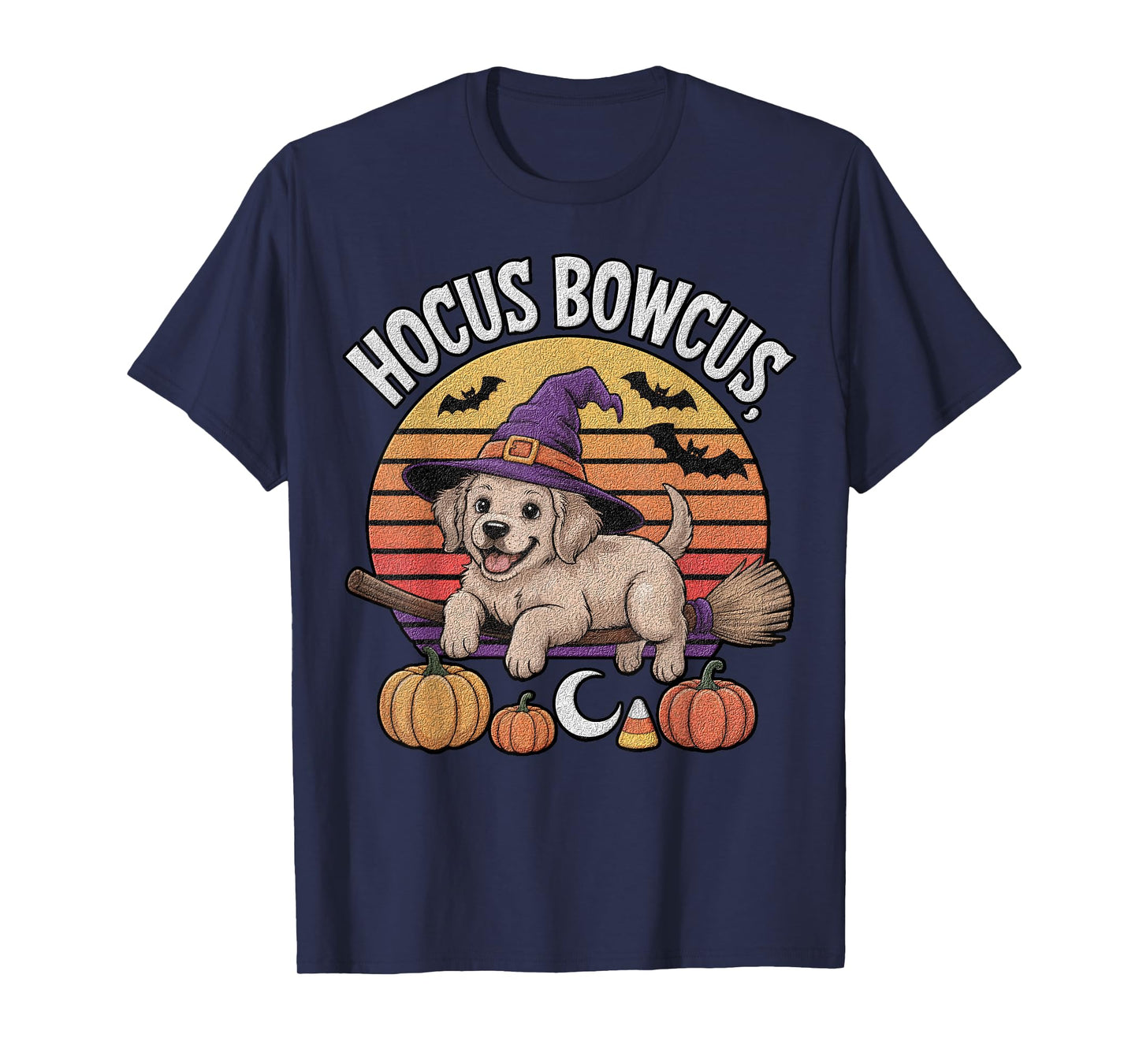 Hocus Bowcus Golden Retriever Puppy Witch Hat Bat Halloween T-Shirt