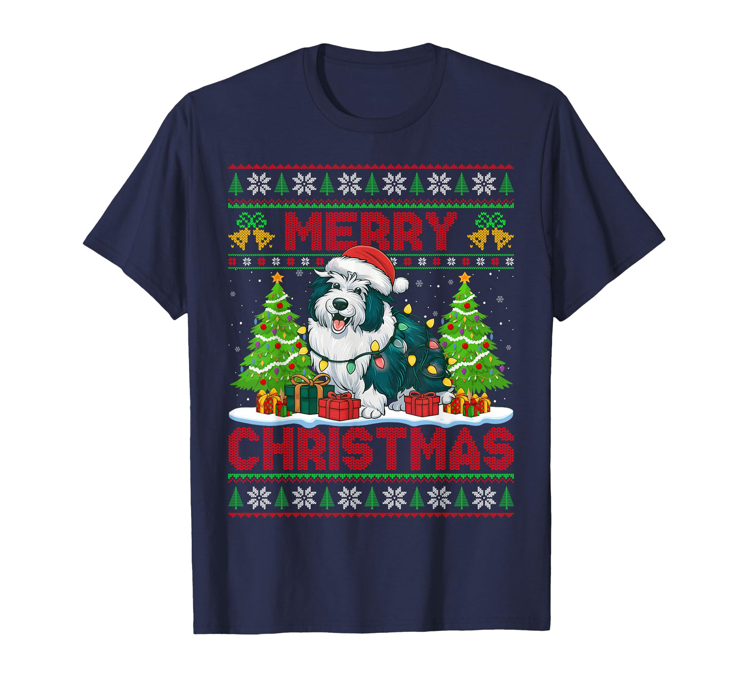 Sheepdog Ugly Christmas Sweaters Funny Pet Dog Lights Xmas T-Shirt