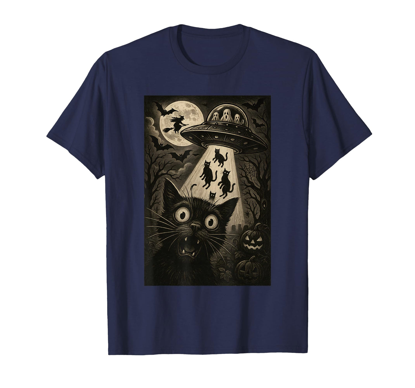 Halloween Cat Selfie Spooky Night Alien Abduction Cats UFO T-Shirt