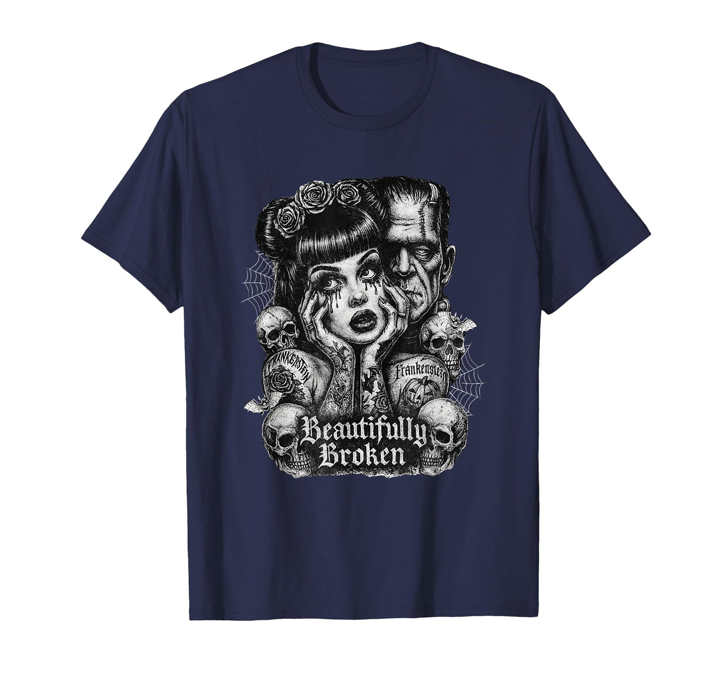 Floral Monster Frankenstein and Bride Beautifully Broken T-Shirt