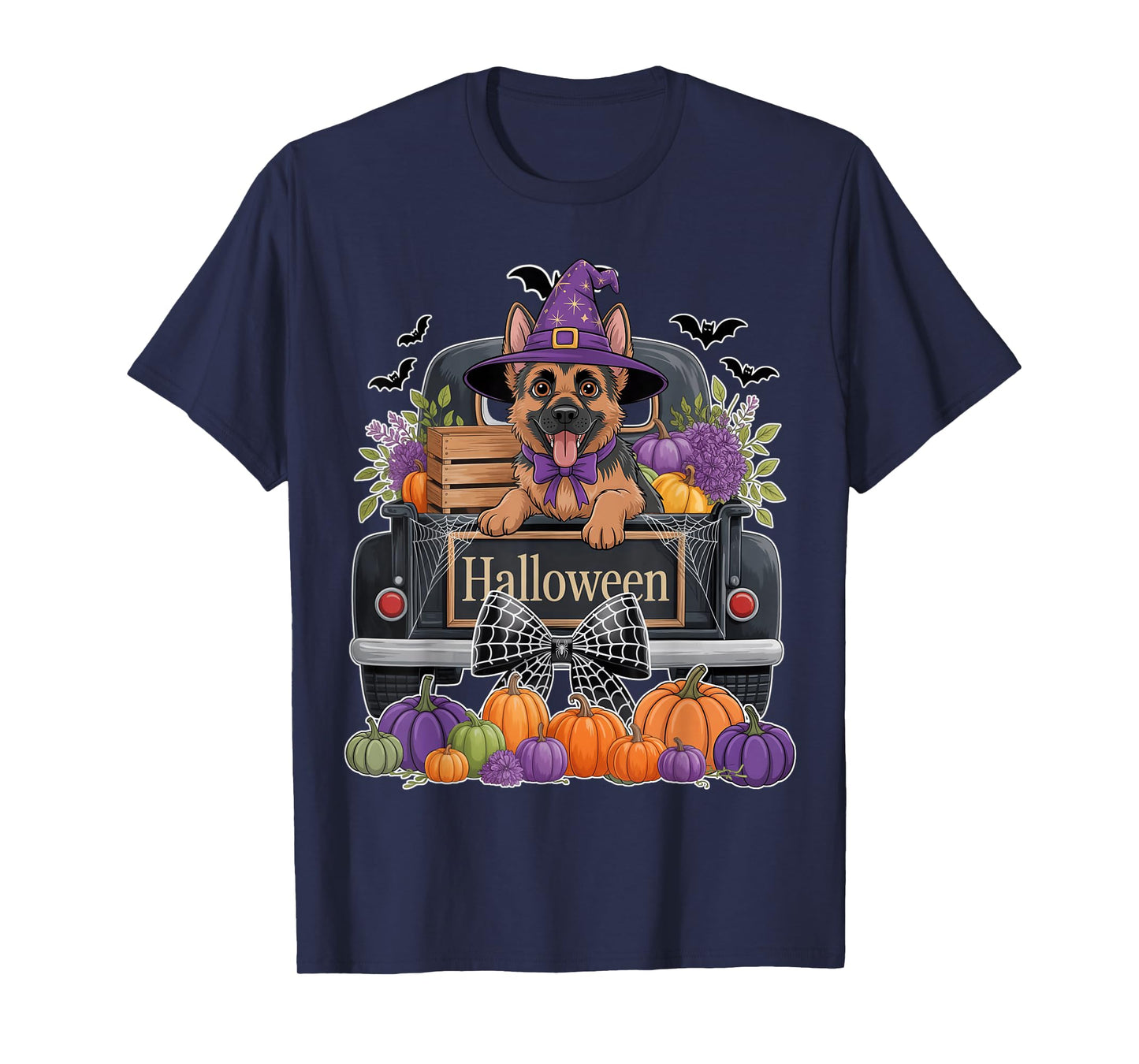 German Shepherd Witch Hat Truck Pumpkin Dog Lovers Halloween T-Shirt