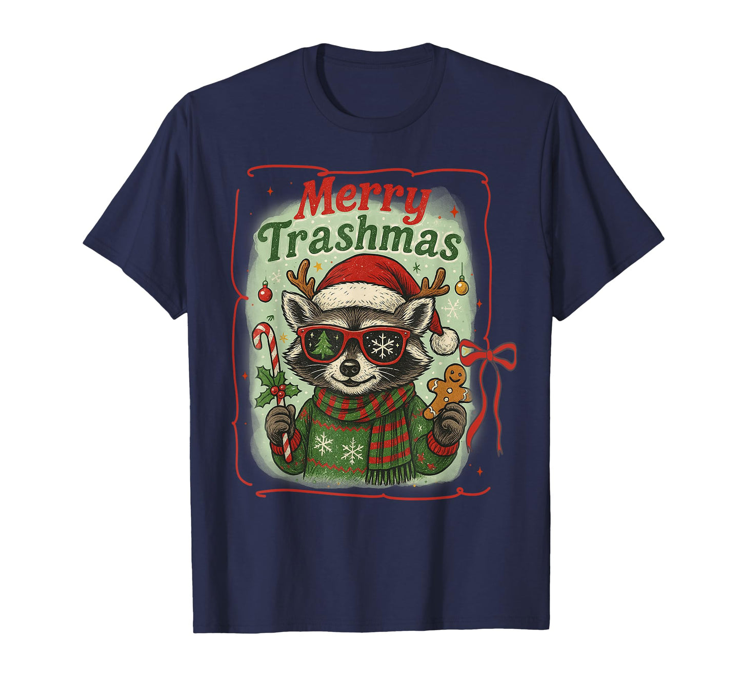 Vintage Raccoon Santa Hat Merry Trashmas Christmas Bow Xmas T-Shirt