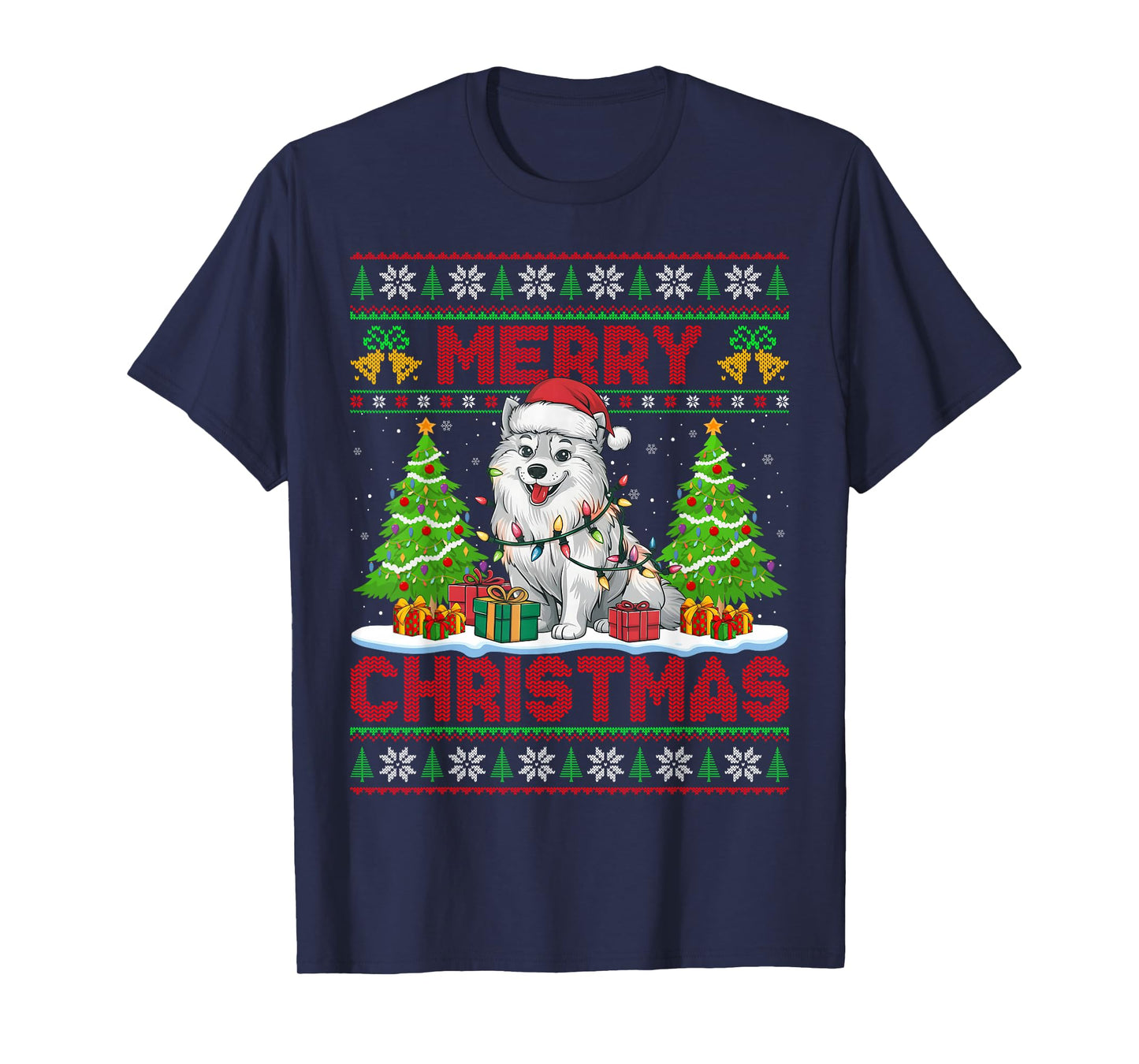 American Eskimo Ugly Christmas Sweaters Pet Dog Lights Xmas T-Shirt