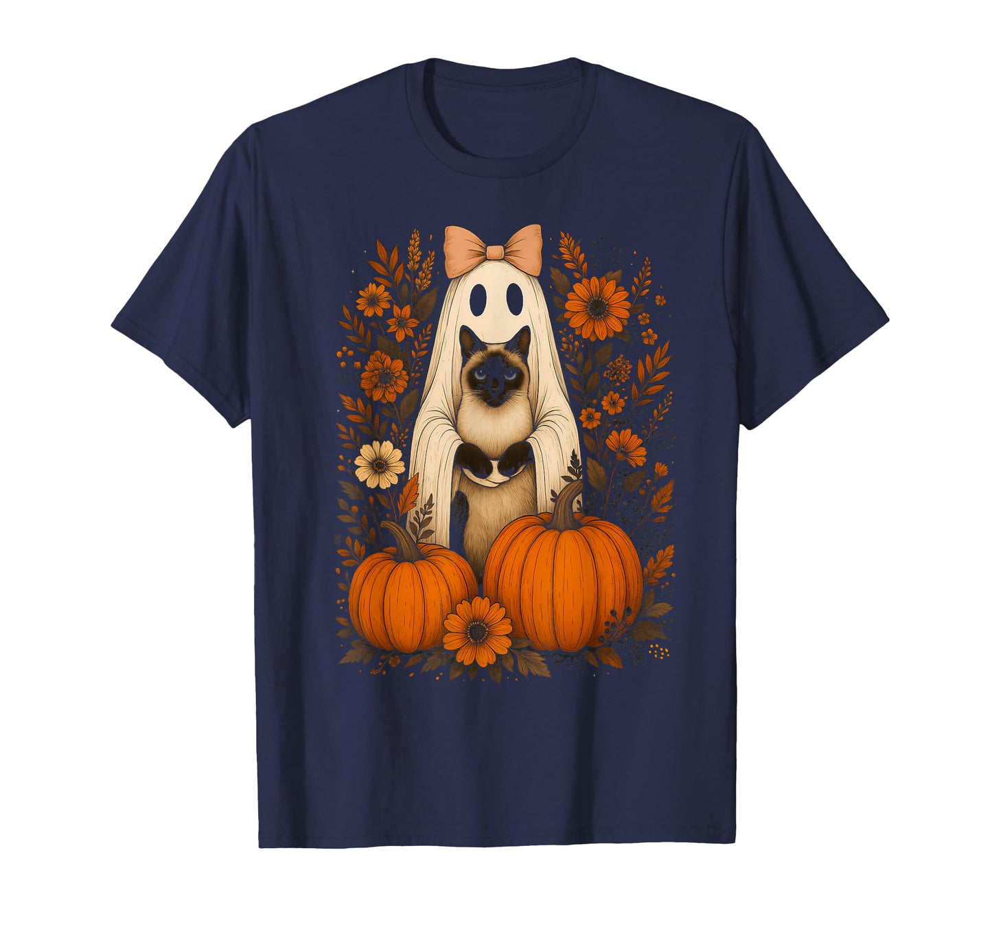 Vintage Halloween Ghost Holding Siamese Cat T-Shirt
