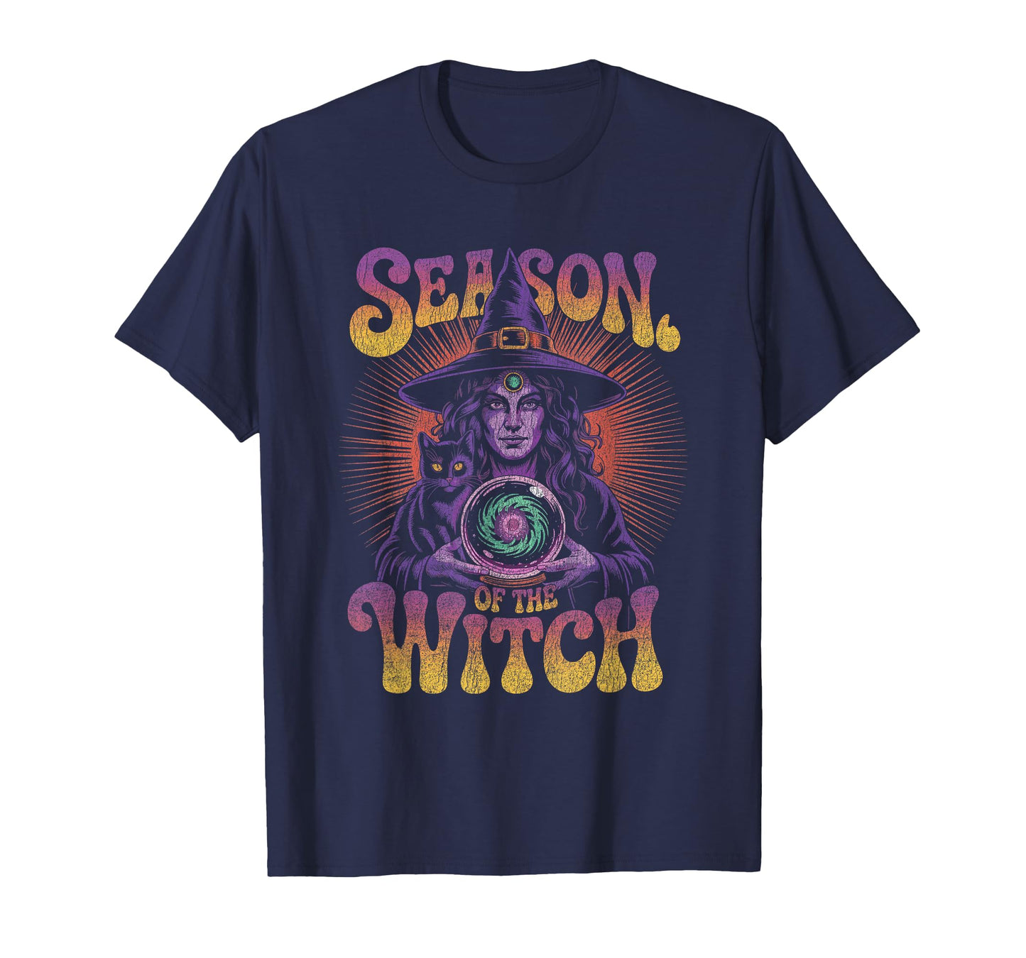 Witch with Crystal Ball and Cat Radiating Cosmic Power T-Shirt
