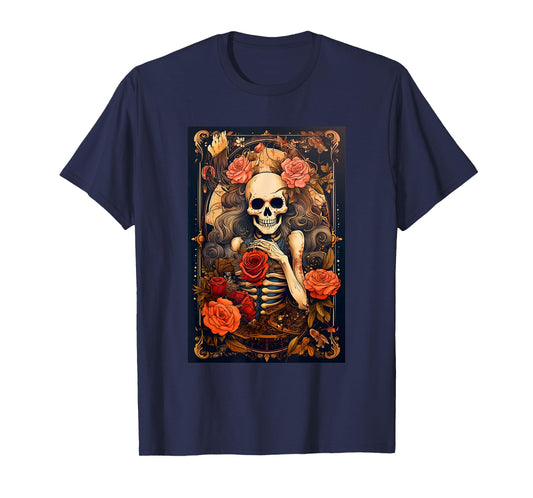 Vintage Tarot Card Goth Girl Skeleton Occult Gothic Floral T-Shirt