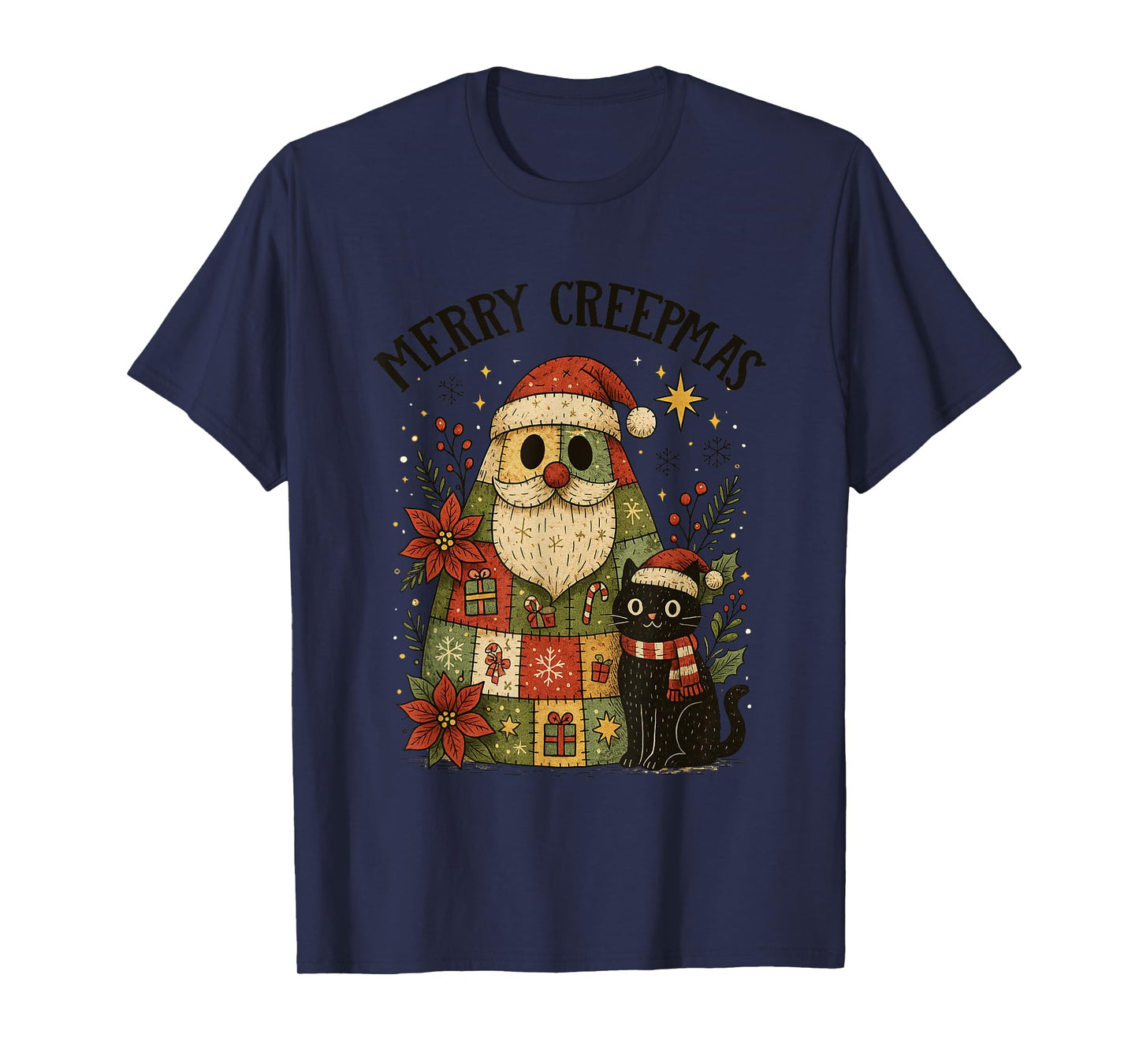 Merry Creepmas Santa Black Cat Holiday Fun T-Shirt