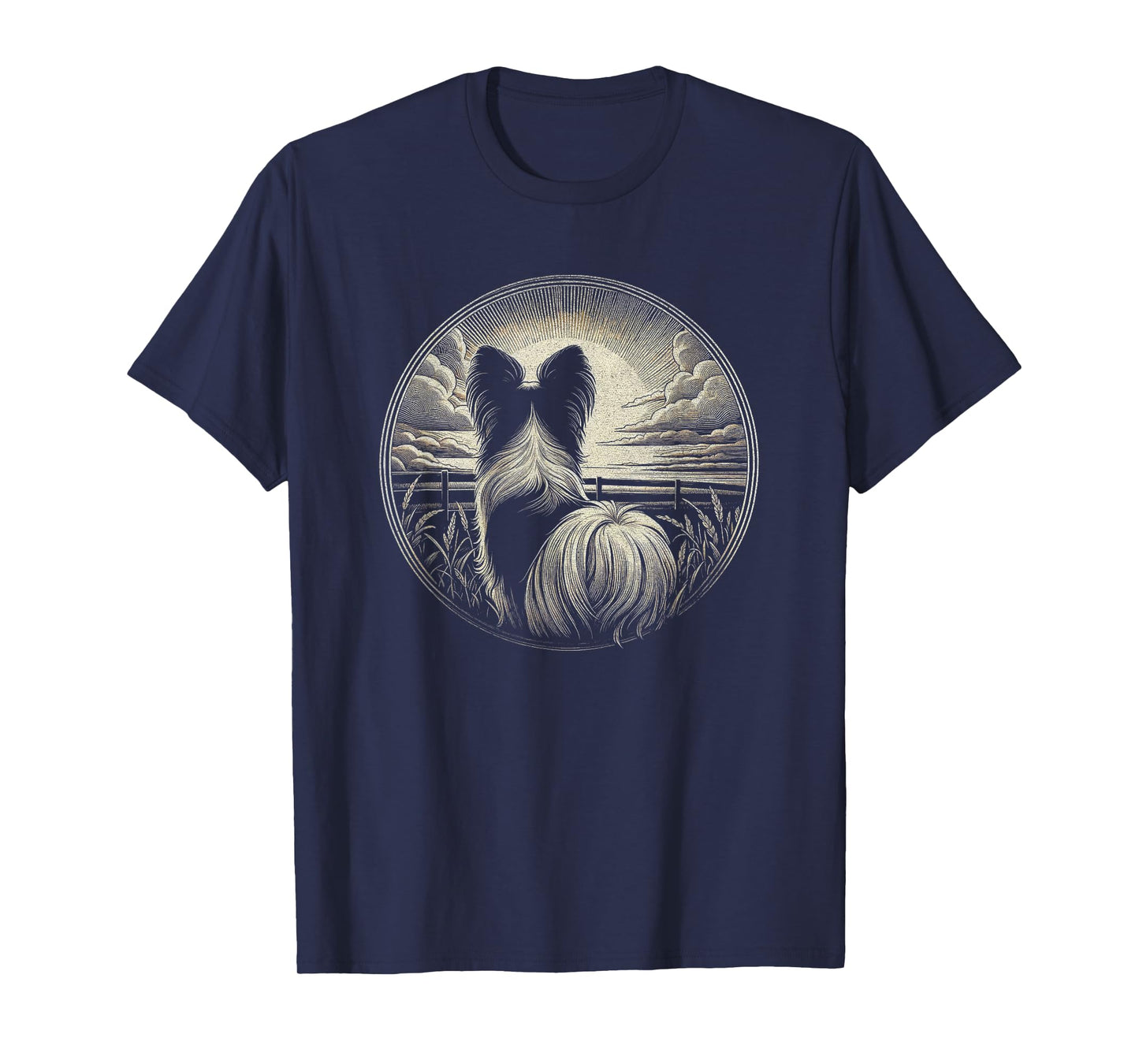 Vintage Papillon Dog Nature Scene Graphic Art Design T-Shirt