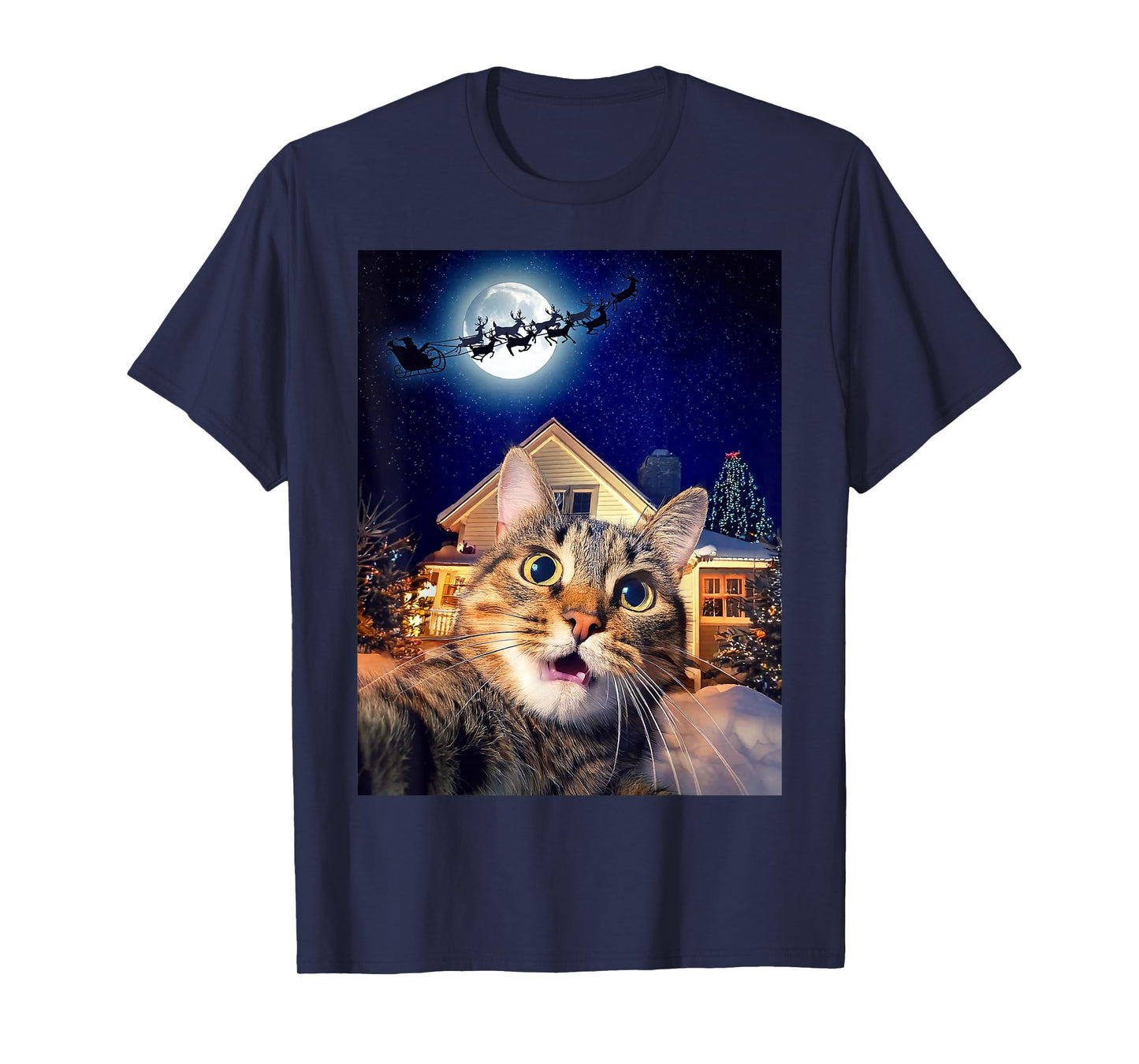 Cat Selfie with Santa, Reindeer, and Sleigh Funny Christmas T-Shirt