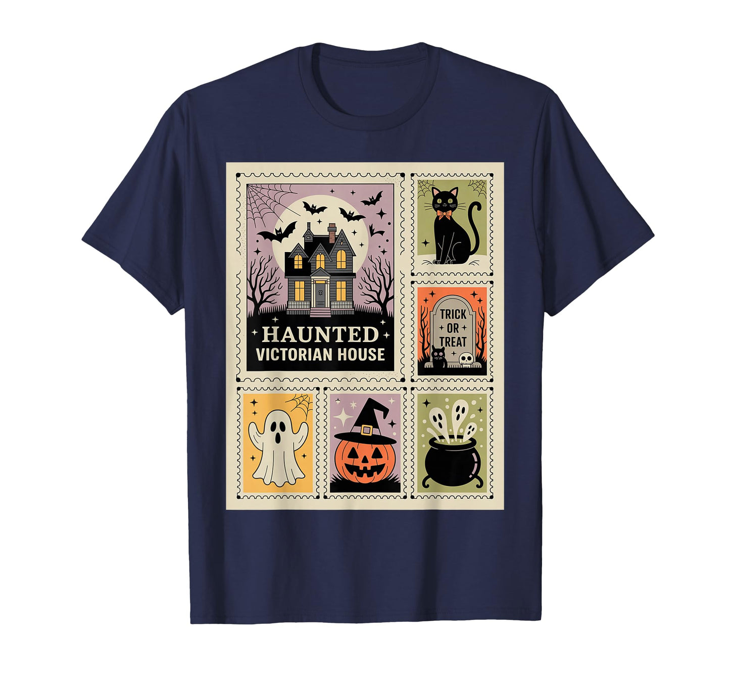 Halloween Postage Stamps Haunted House Cat Ghost Witch Grave T-Shirt