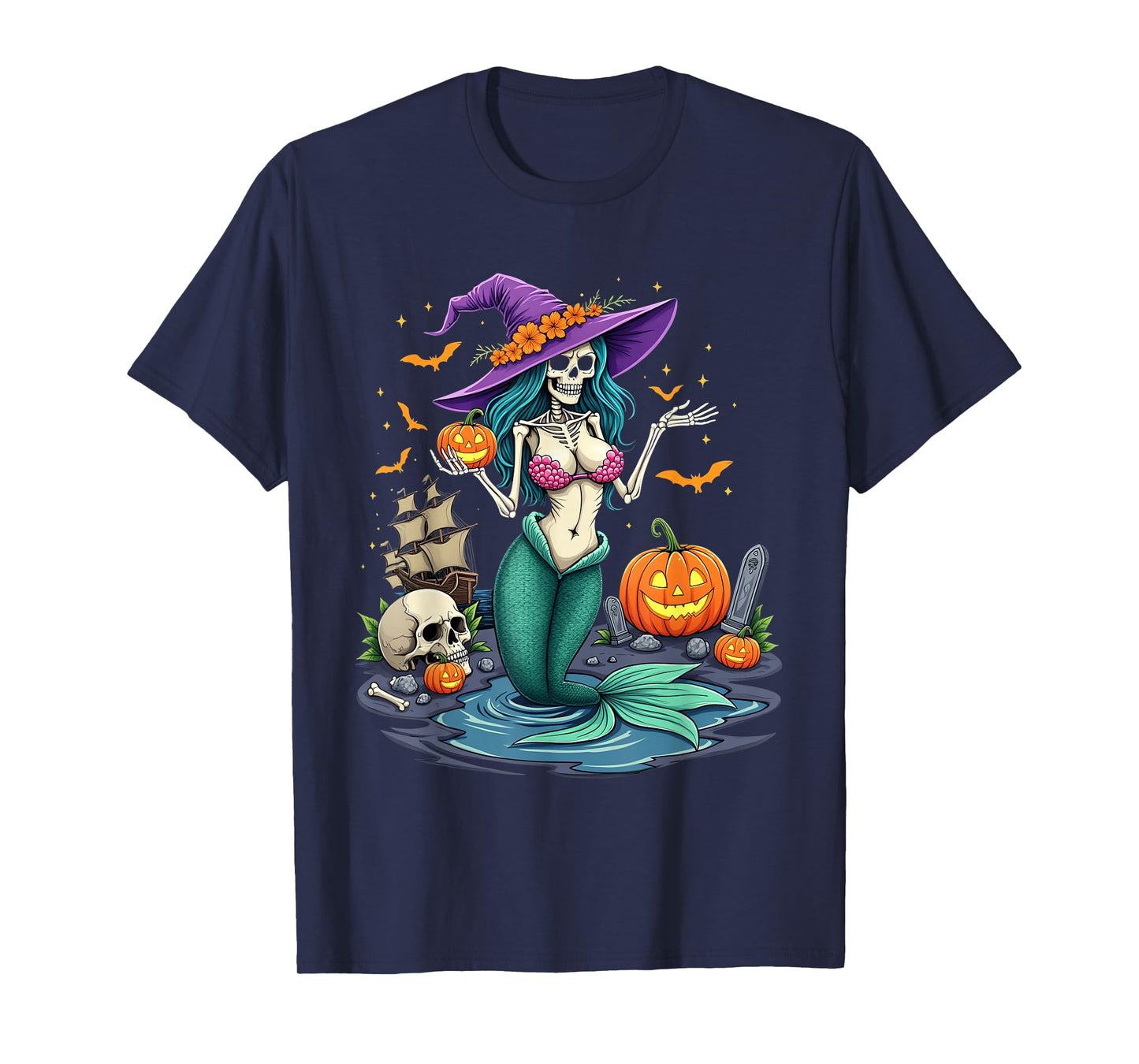 Skeleton Mermaid Witch Pumpkin Ship Halloween T-Shirt