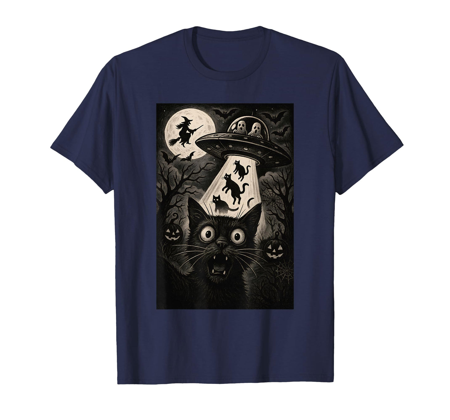 Halloween Cat Selfie Scary Alien Abduction Cats UFO Flying T-Shirt