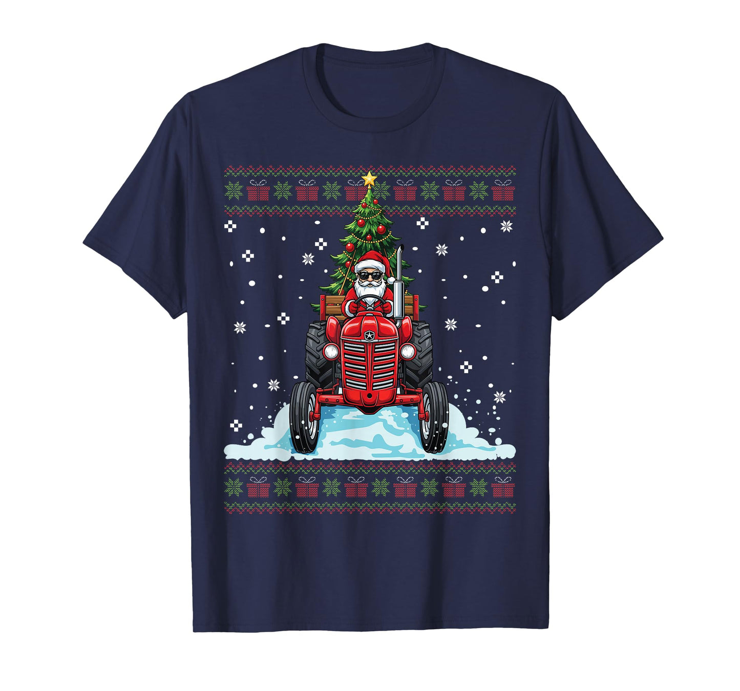 Santa Riding Tractor Christmas Tree Funny Ugly Christmas T-Shirt