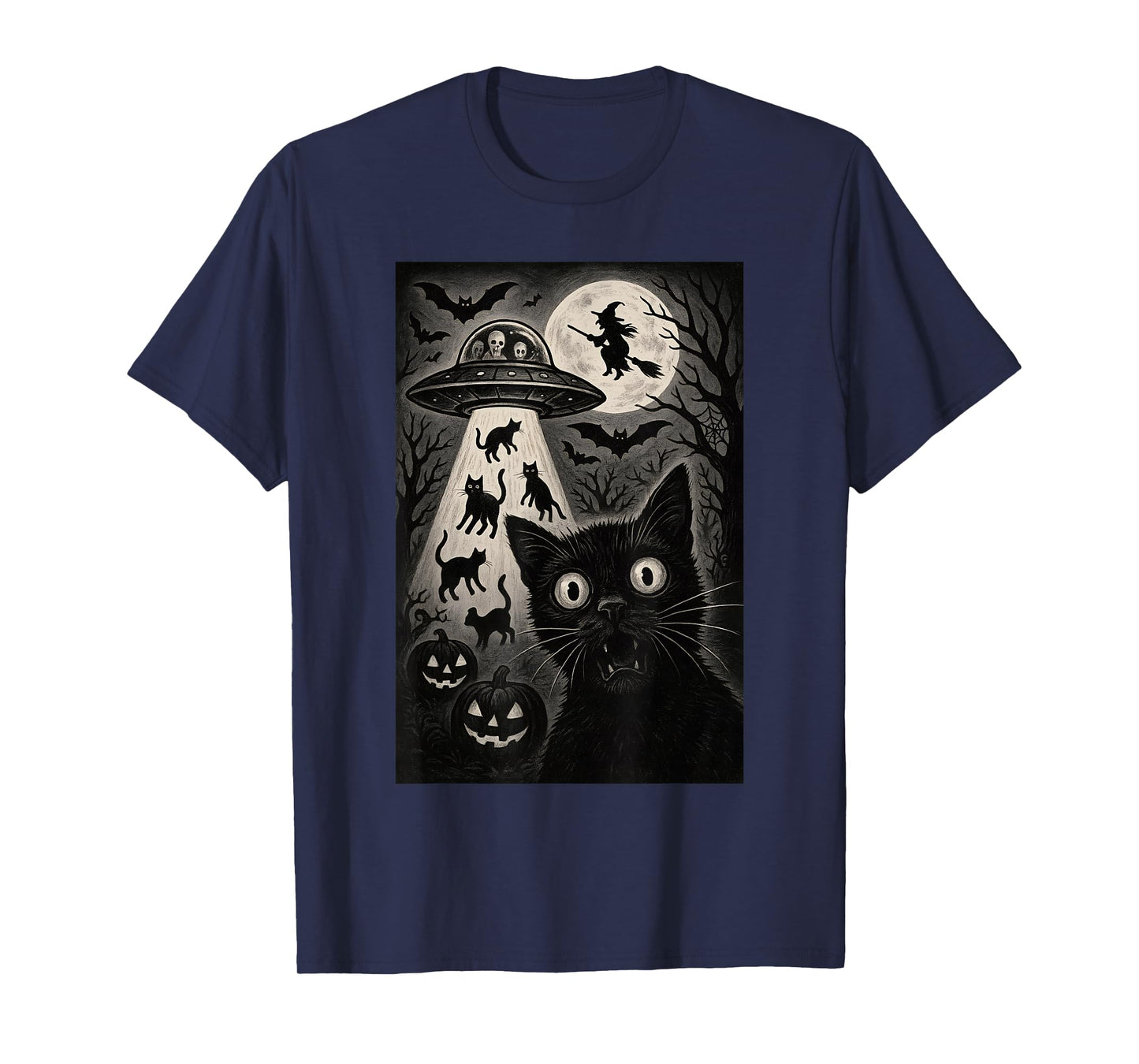 Halloween Cat Selfie Spooky Night Alien Abduction Cats UFO T-Shirt