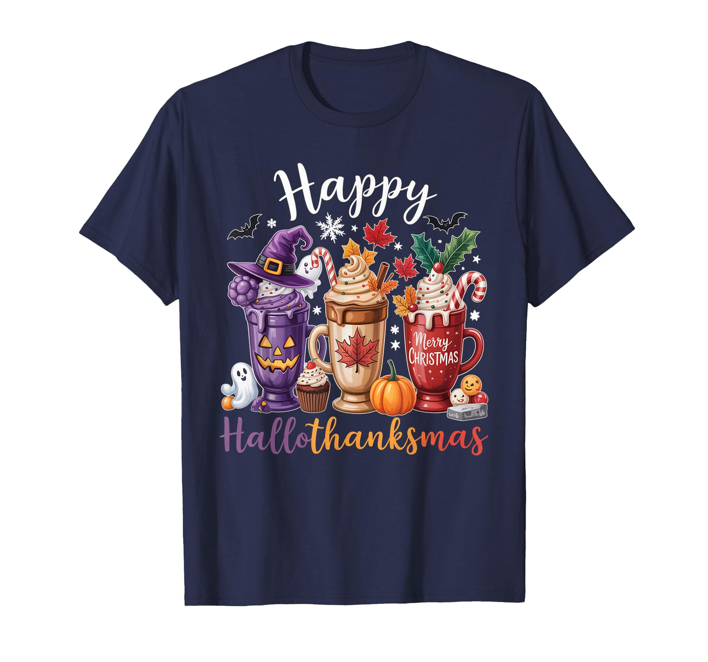 Happy Hallothanksmas Coffee Lover Halloween Merry Christmas T-Shirt