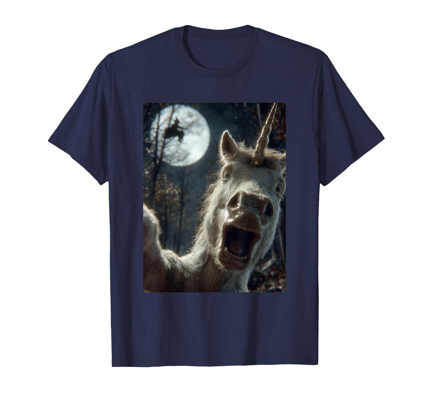 Funny Unicorn Selfie Full Moon Flying Witch Forest Halloween T-Shirt
