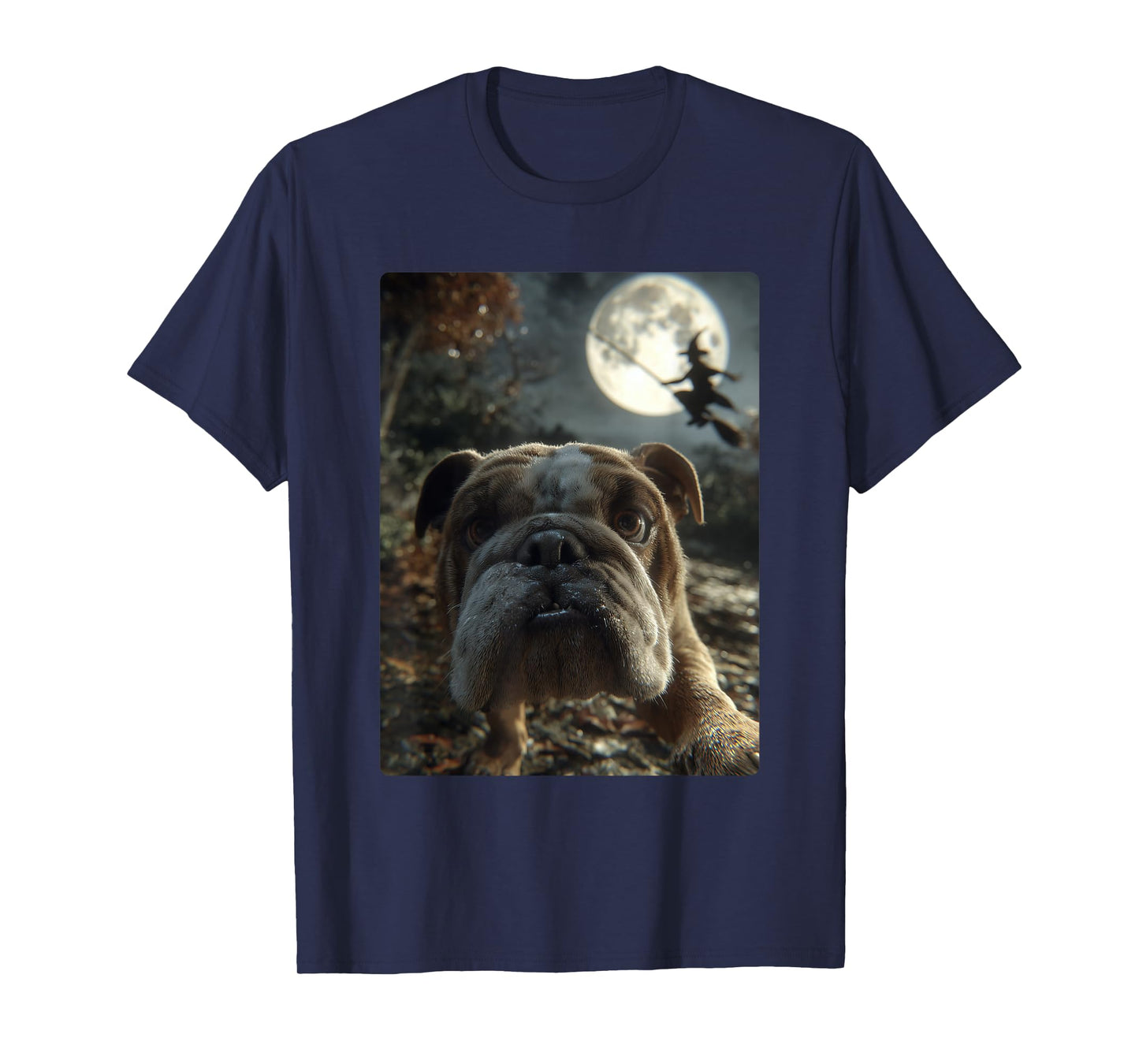 British Bulldog Selfie Full Moon Flying Witch Halloween Dog T-Shirt