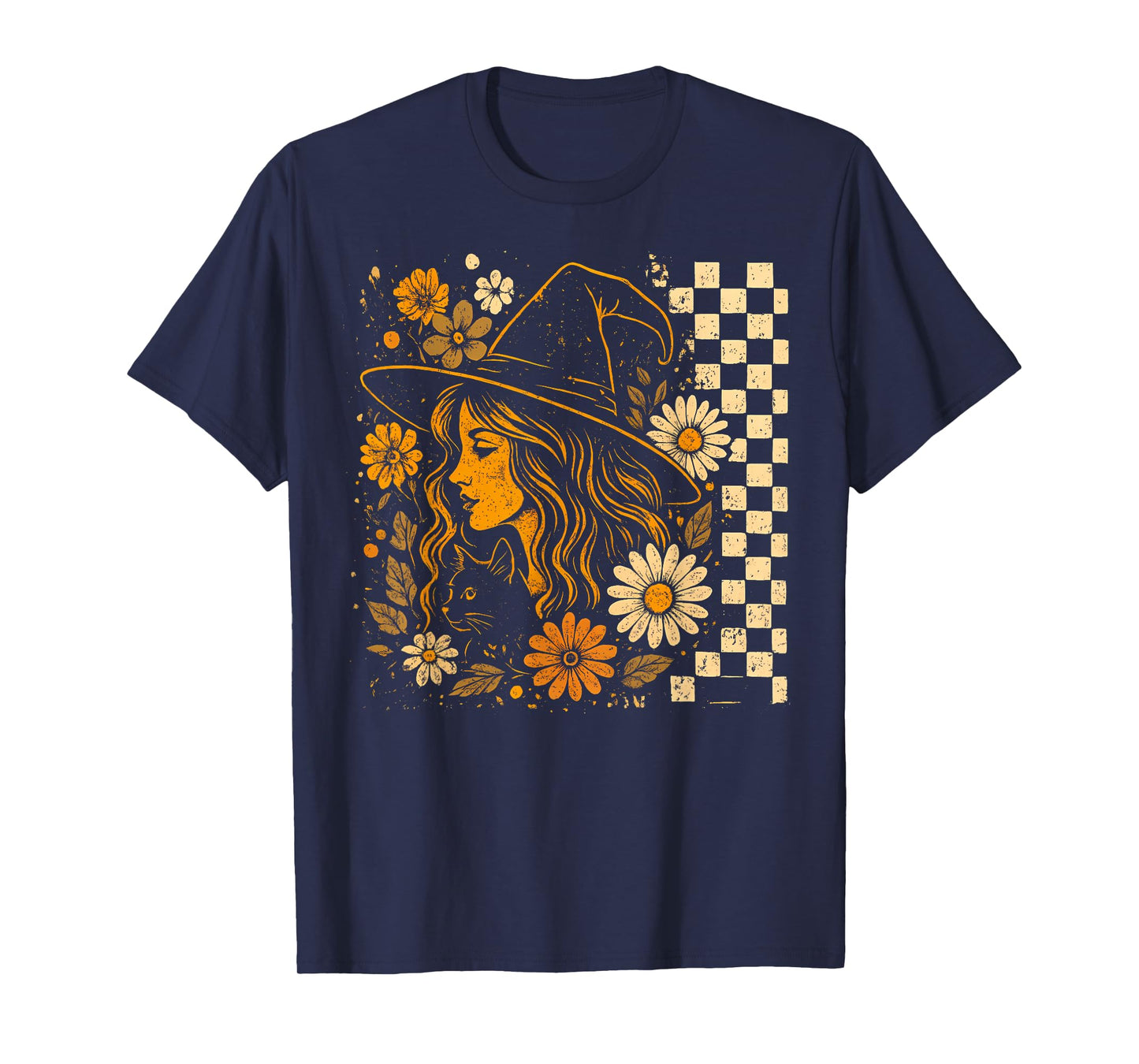Witchy Boho Woman Hat Retro Floral Halloween Artwork T-Shirt