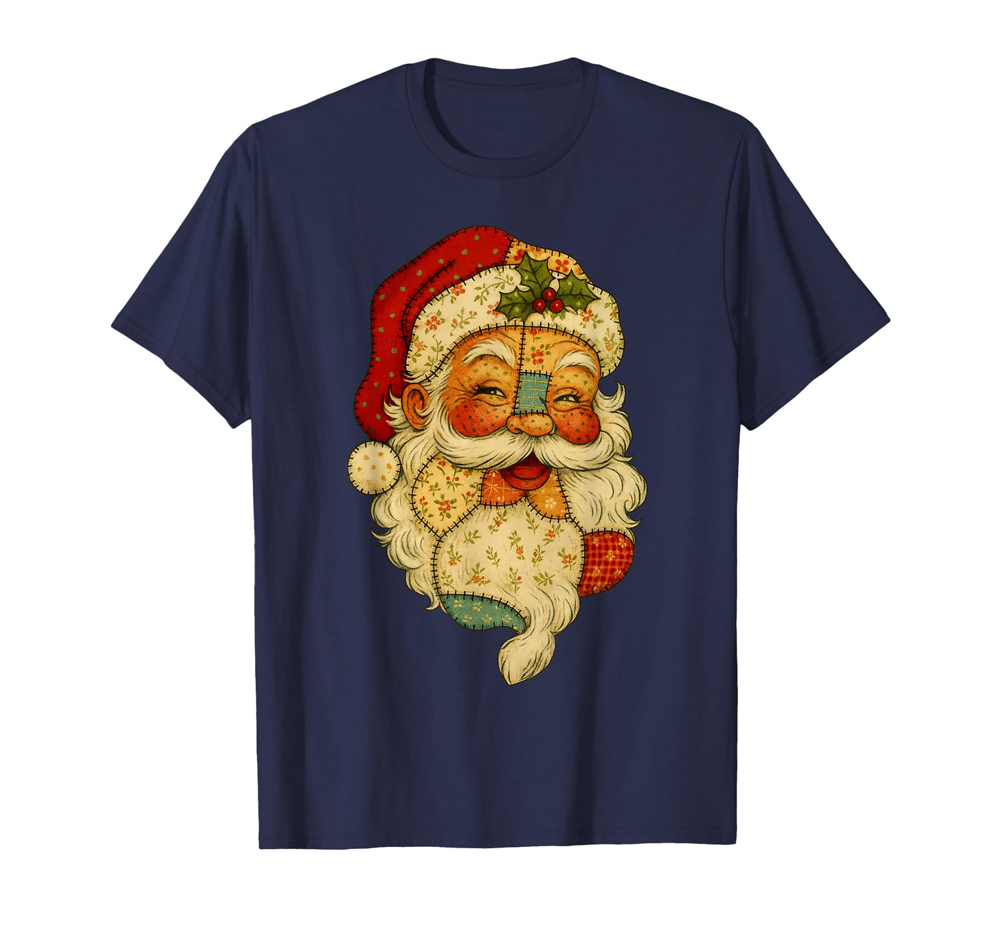 Retro Patchwork Santa Claus Christmas Preppy Merry Xmas T-Shirt