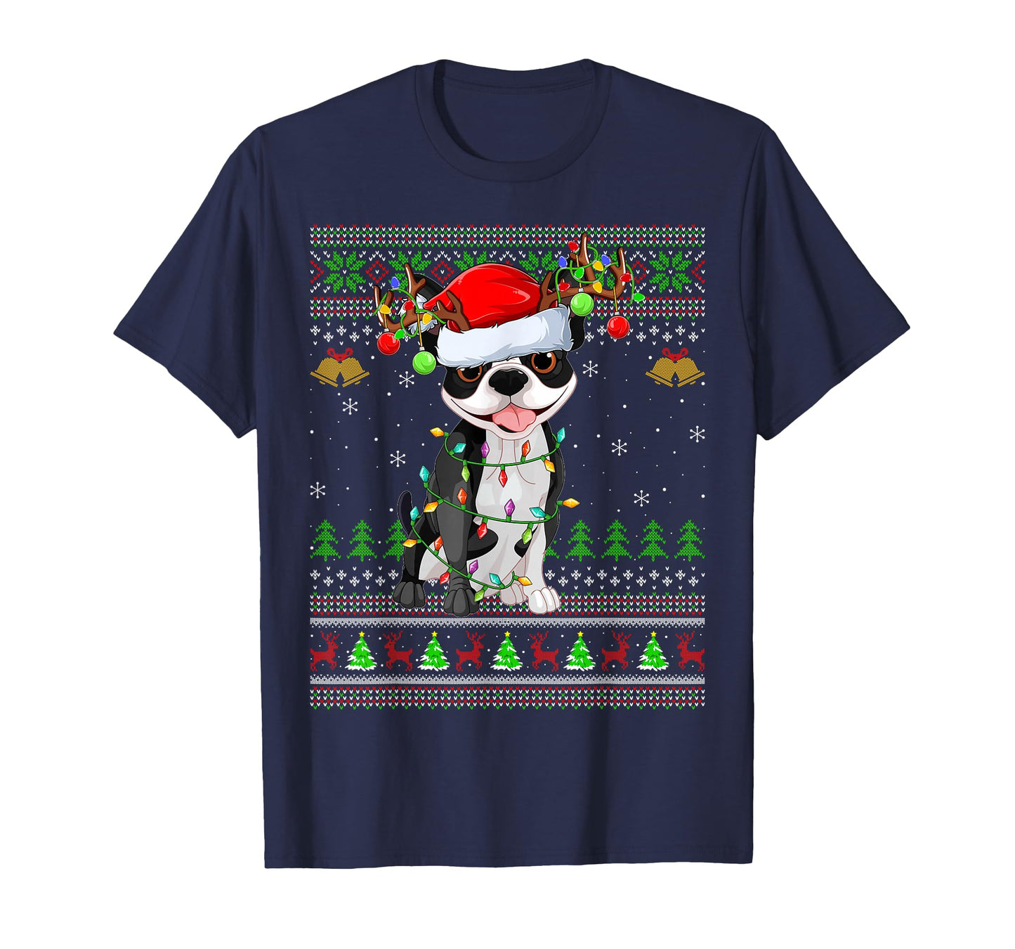 Boston Terrier Dog Ugly Christmas Sweater Holiday Santa Xmas T-Shirt