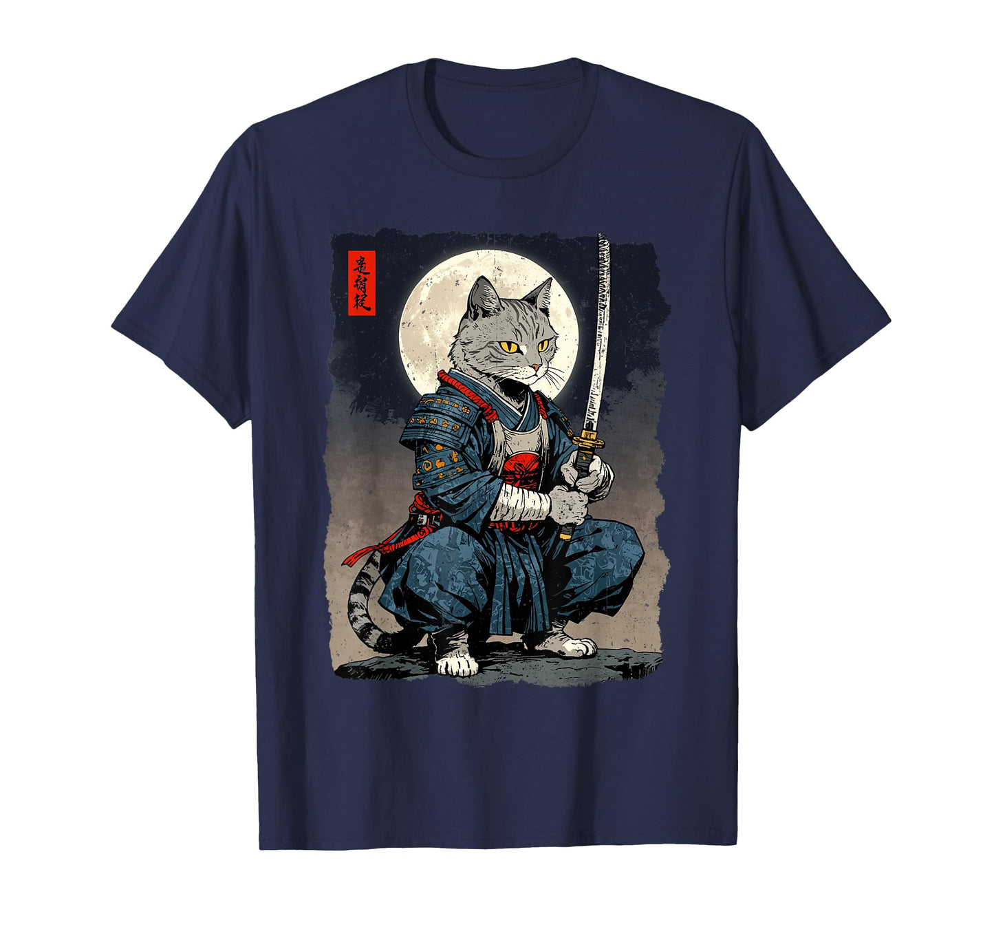 Samurai Cat Japanese Retro Fighter Cat Moon Ukiyo-e Warrior T-Shirt