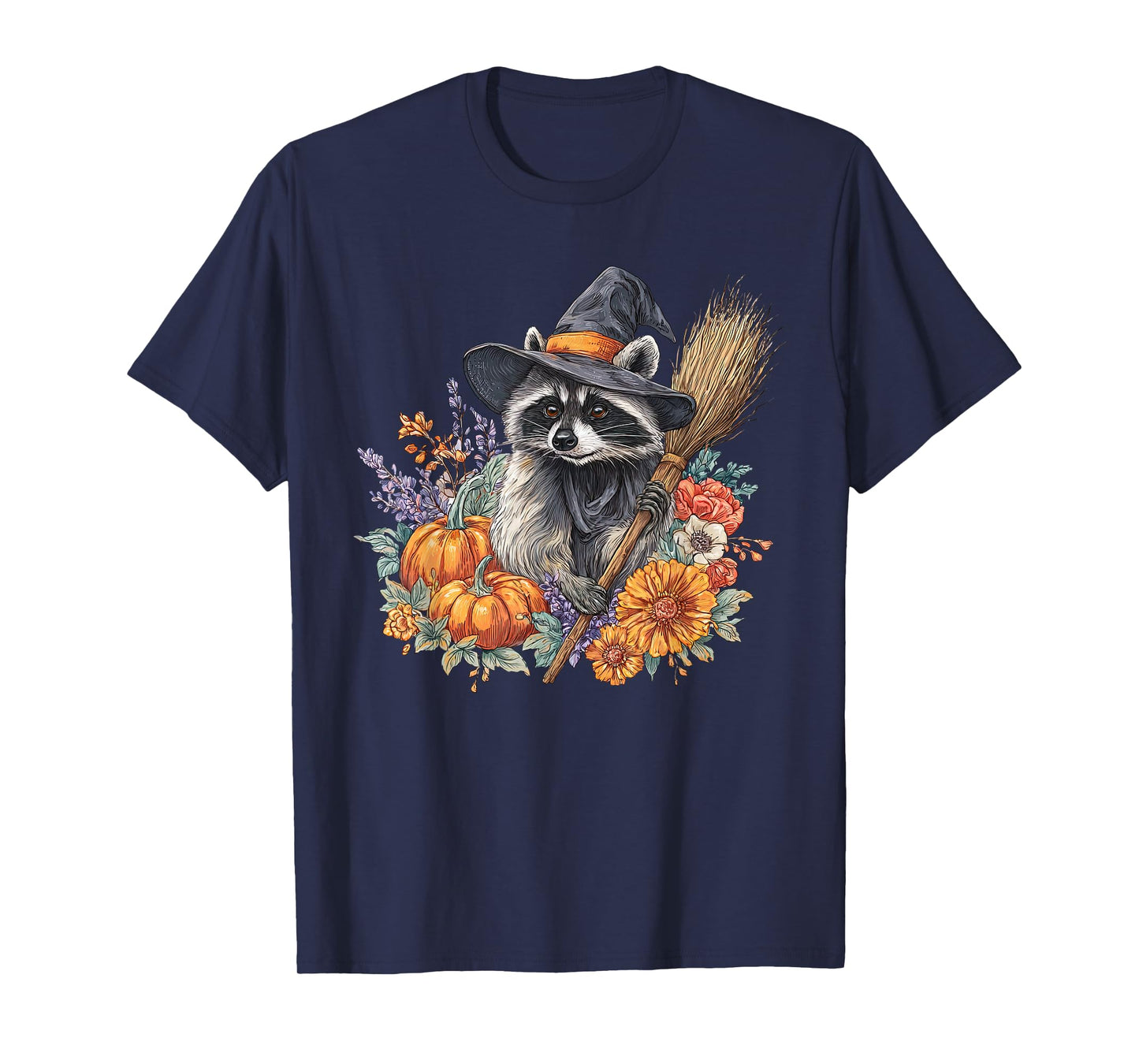 Witchy Raccoon Fall Pumpkin Floral Feral Witch Halloween T-Shirt