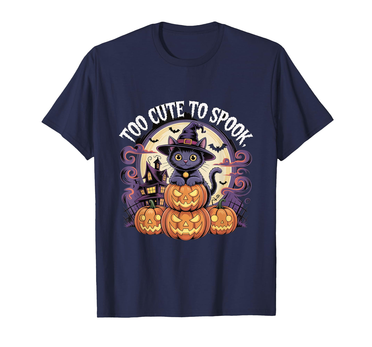 Too Cute to Spook Cat Pumpkins House Halloween T-Shirt