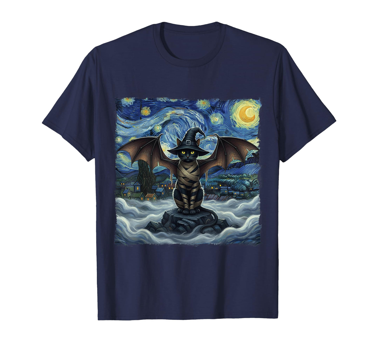 Cat Halloween Cat Starry Night Vampire Cat with Bat Wings T-Shirt