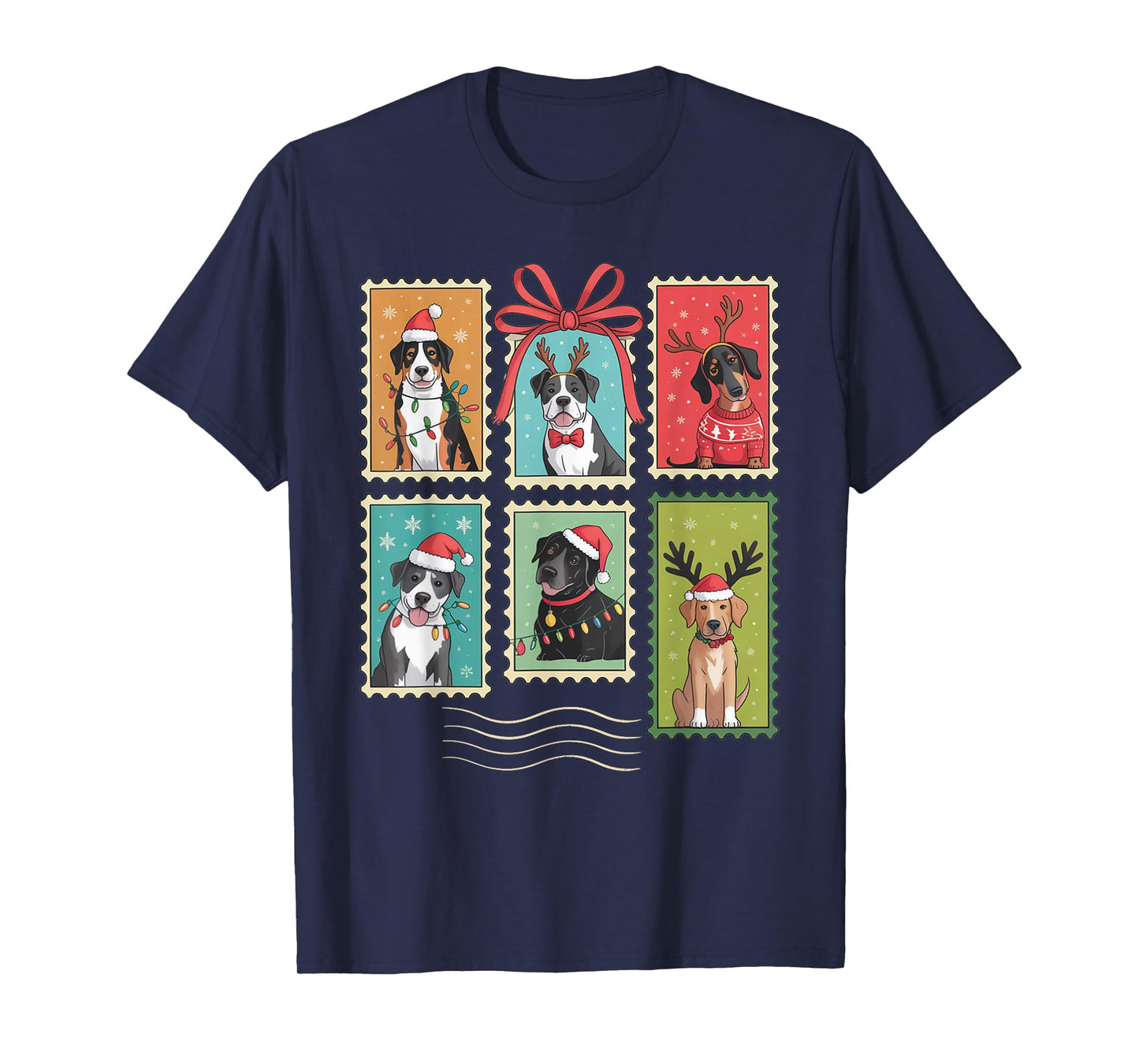 Cute Christmas Dogs Stamp Holiday Santa Hat & Reindeer Dog T-Shirt
