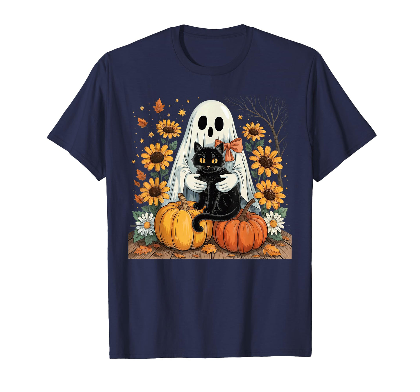 Womens Halloween Ghost Black Cat Ghost Halloween Girls T-Shirt