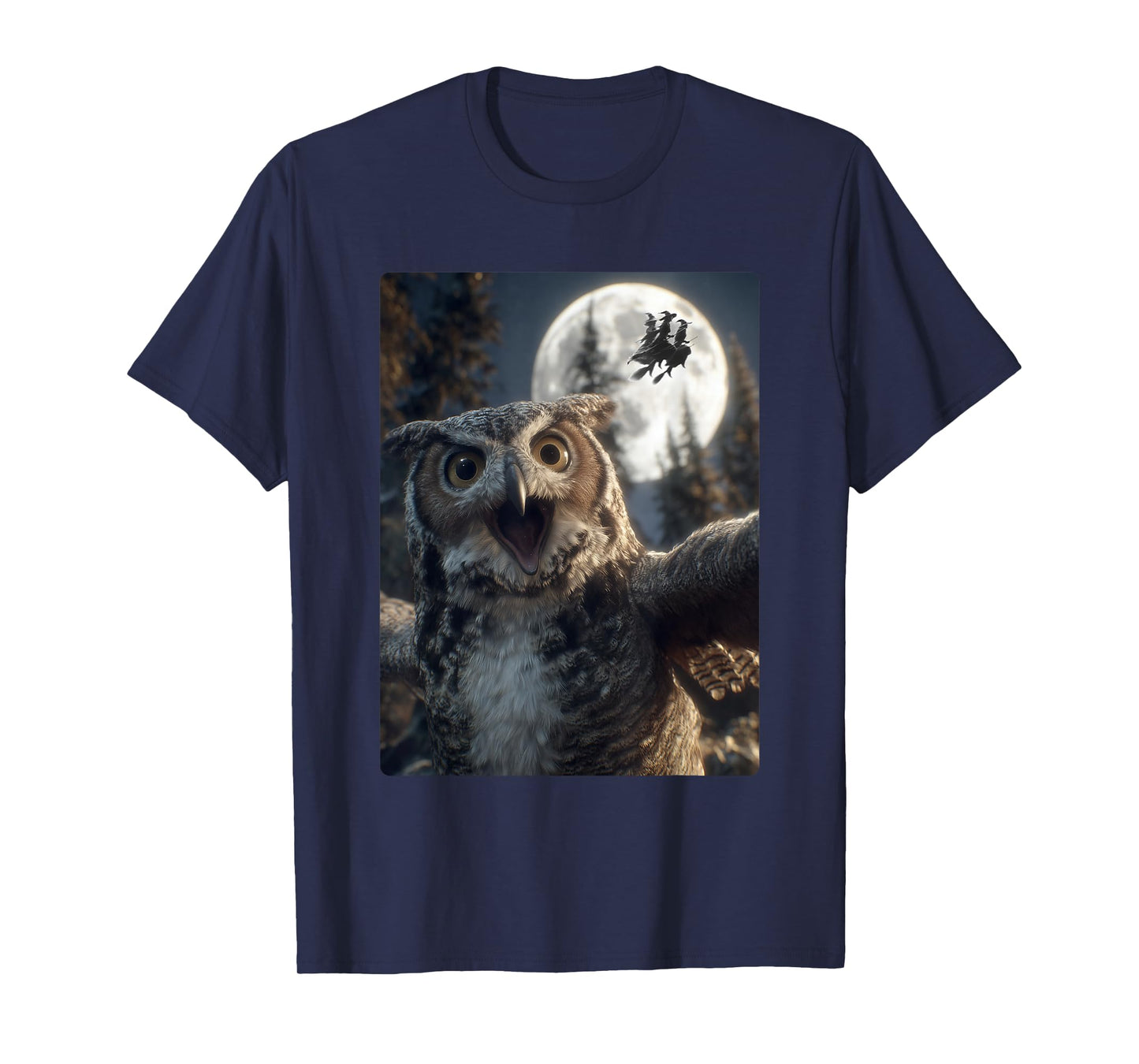 Funny Owl Selfie Full Moon Flying Witches Forest Halloween T-Shirt