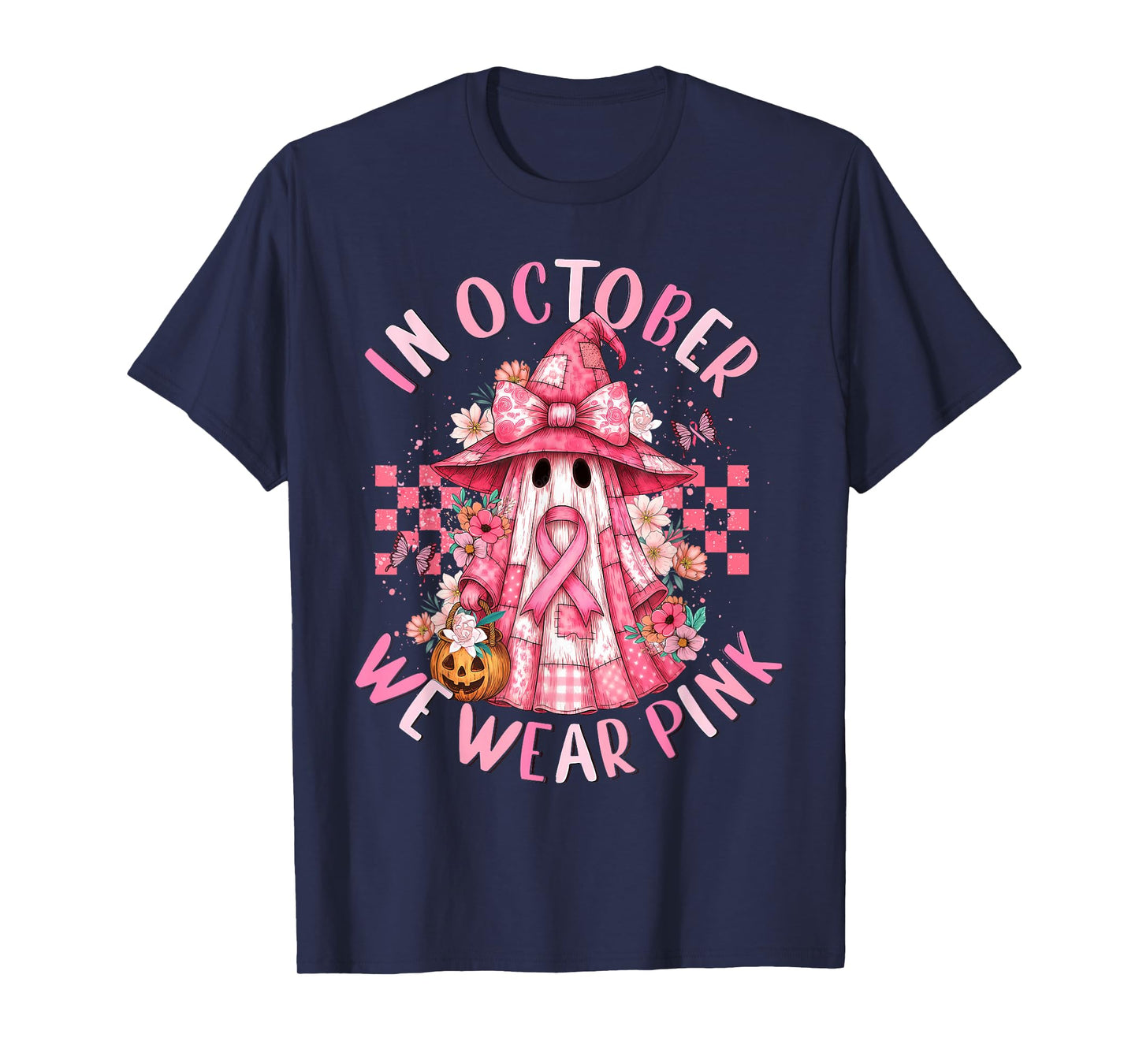 in October We Wear Pink Ghost Witch Breast Cancer Awareness T-Shirt