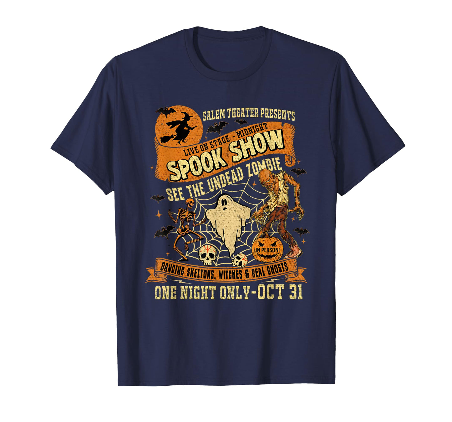 Vintage Halloween Tee Witch-Dancing Skeletons Monster T-Shirt