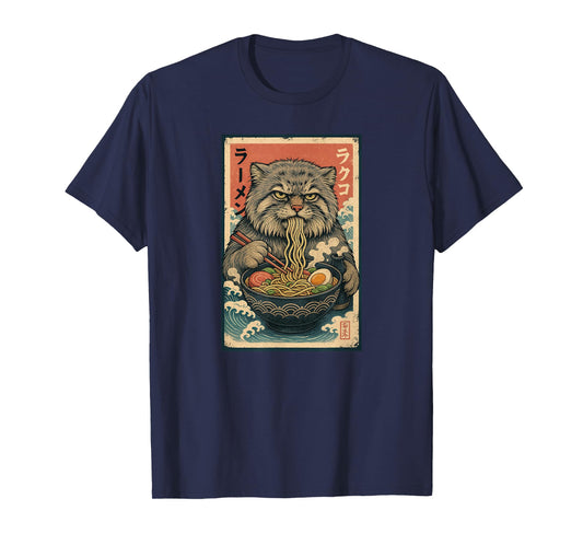 Manul Pallas´s Cat Eats Ramen Noodles Japanese Vintage T-Shirt