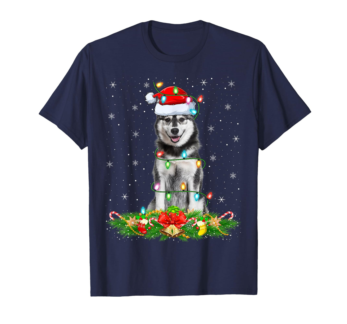 Siberian Husky Dog Christmas Lights Funny Santa Hat Xmas T-Shirt