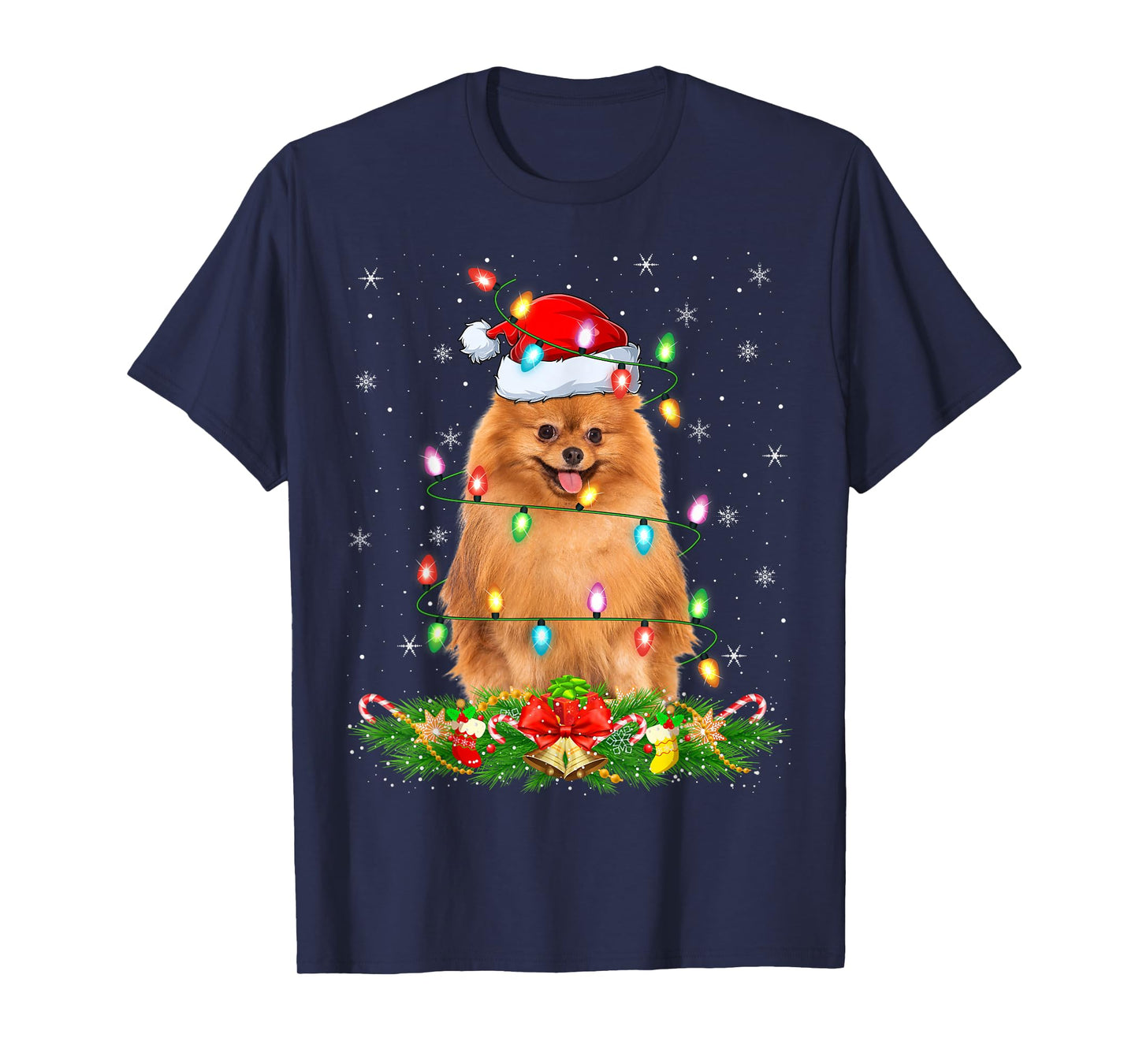 Pomeranian Dog Christmas Lights Funny Santa Hat Xmas T-Shirt